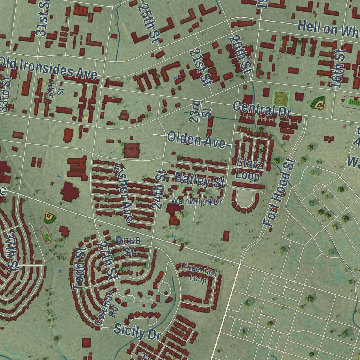 Close-up of the map of Fort Hood, Texas print showing street and building detail