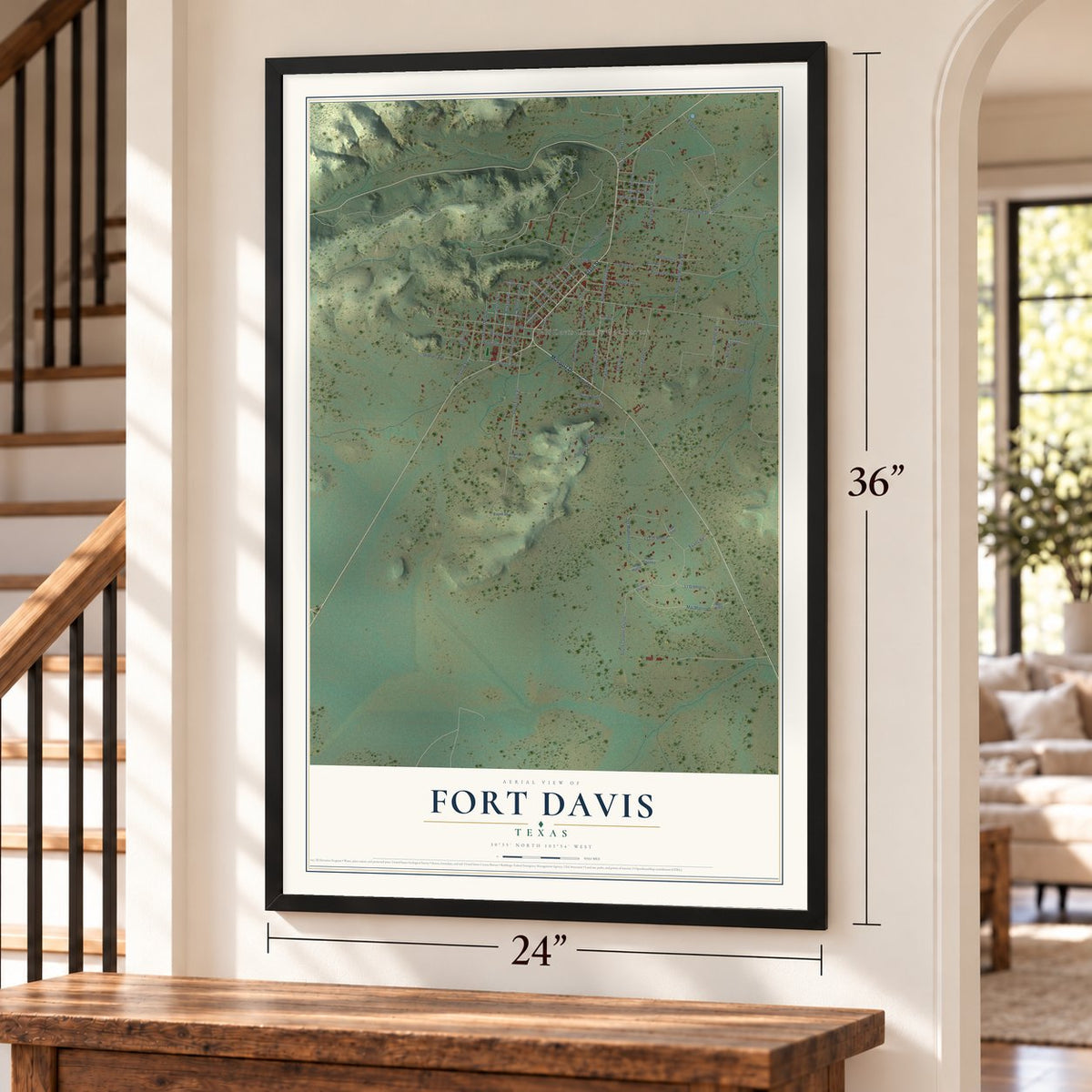 Fort Davis, Texas map, 24 x 36 inch print in a black frame by a staircase