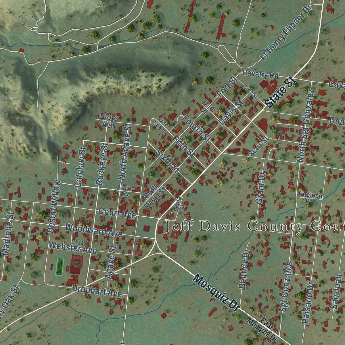 Close-up of the map of Fort Davis, Texas print showing street and building detail