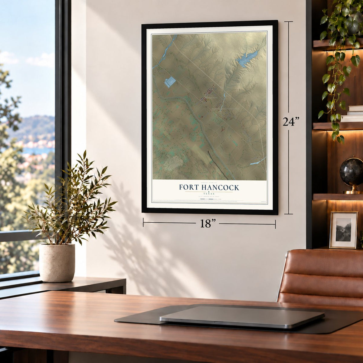 Fort Hancock, Texas map, 18 x 24 inch print in a black frame in a home office