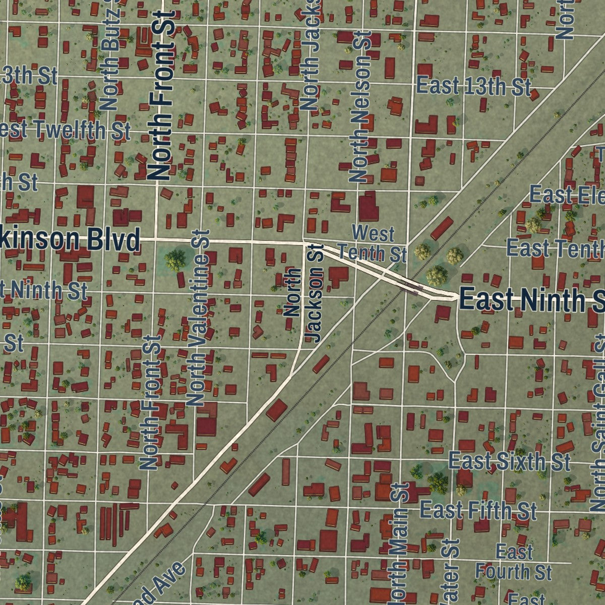 Close-up of the map of Fort Stockton, Texas print showing street and building detail