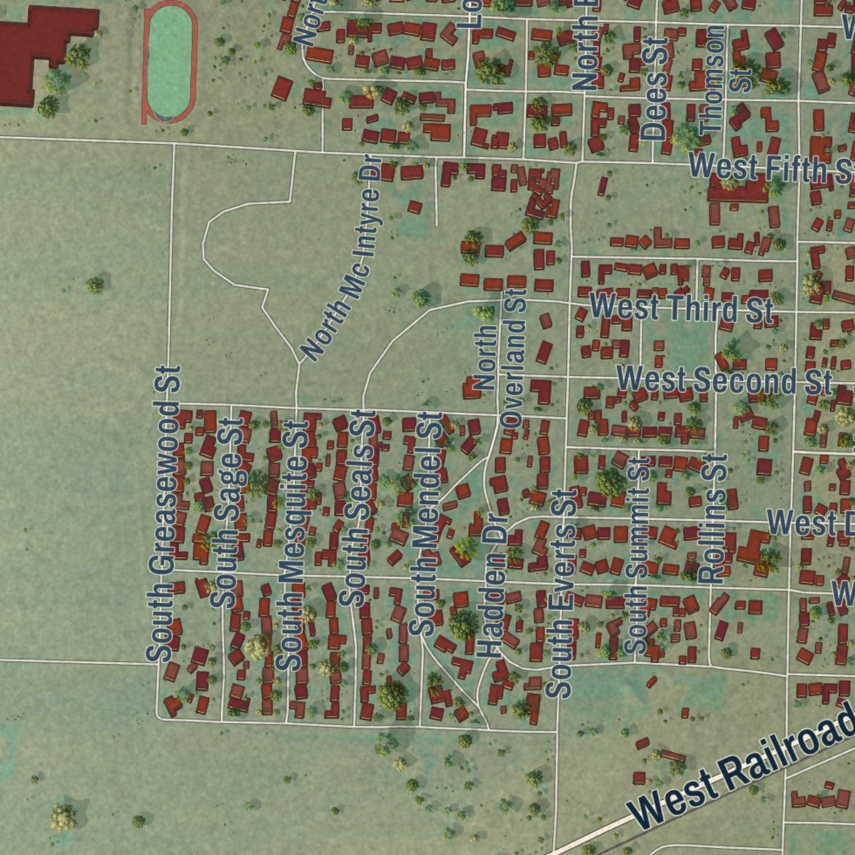 Second close-up of the map of Fort Stockton, Texas print showing more streets and buildings
