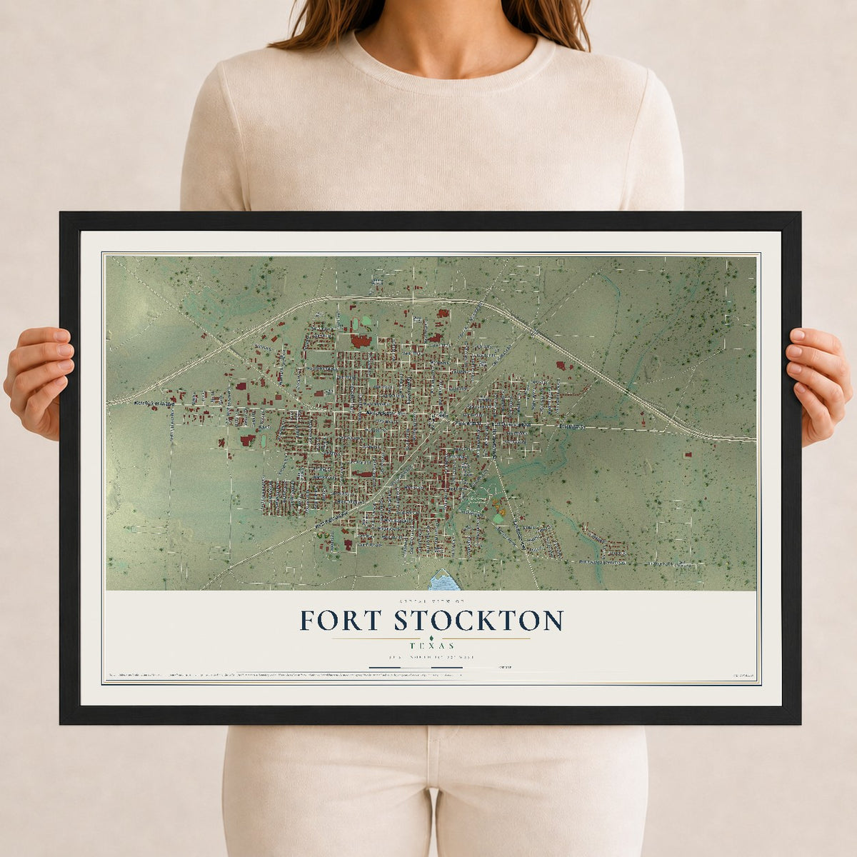 Map of Fort Stockton, Texas, 12 x 18 inch print in a black wood frame