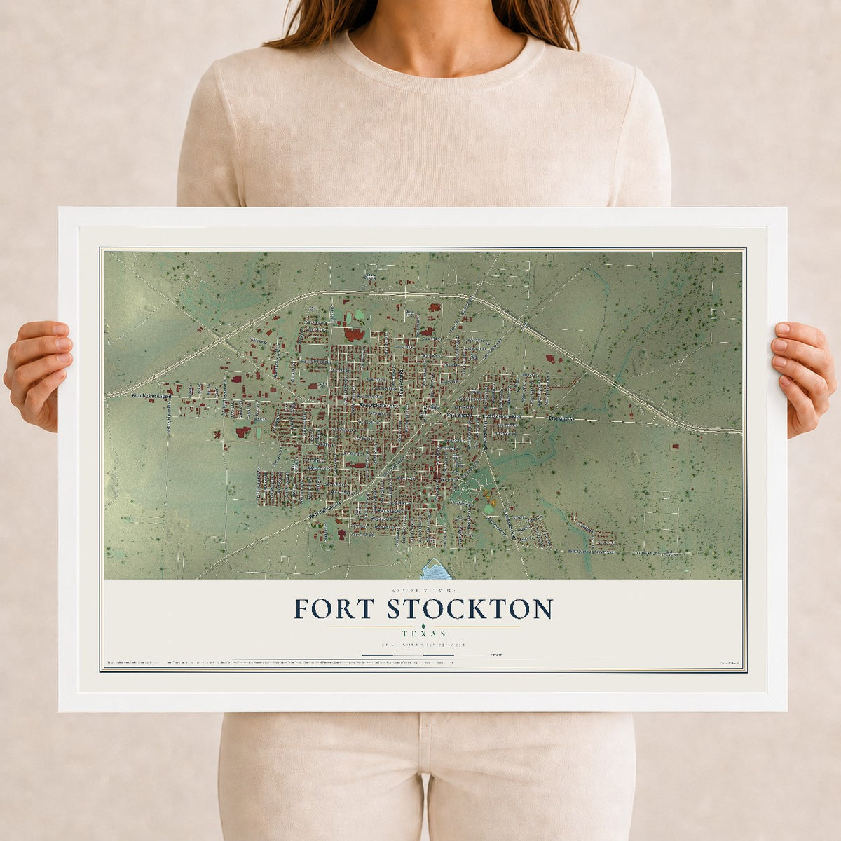 Map of Fort Stockton, Texas, 12 x 18 inch print in a white wood frame