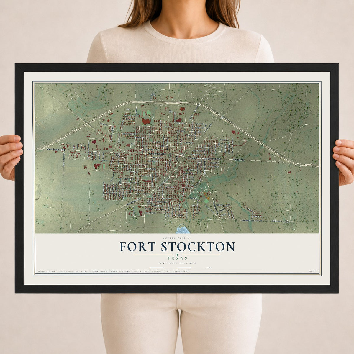 Map of Fort Stockton, Texas, 18 x 24 inch print in a black wood frame