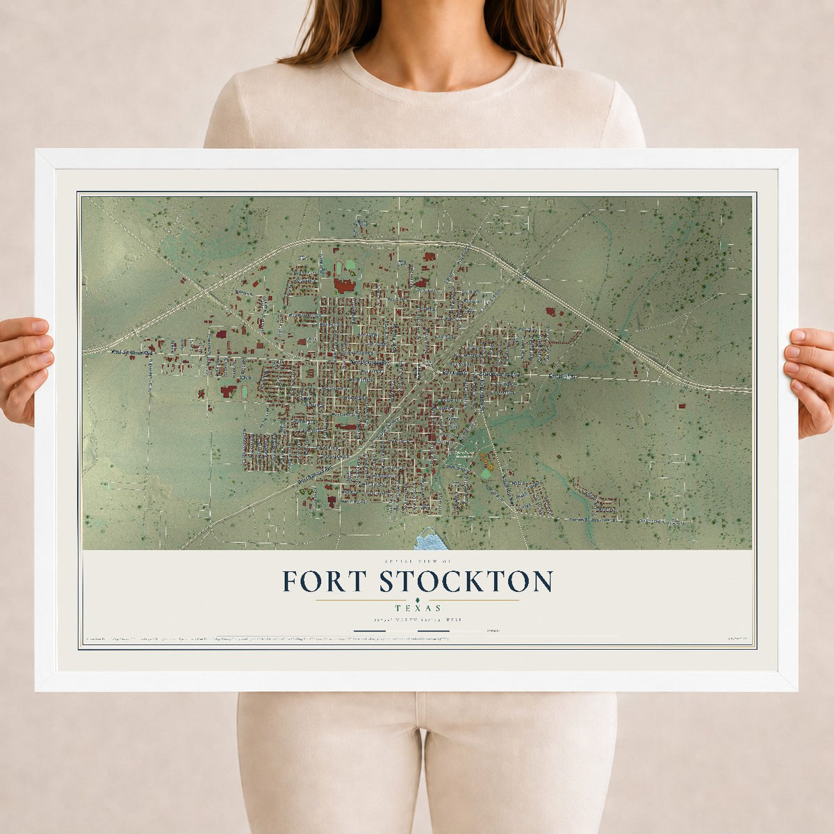 Map of Fort Stockton, Texas, 18 x 24 inch print in a white wood frame