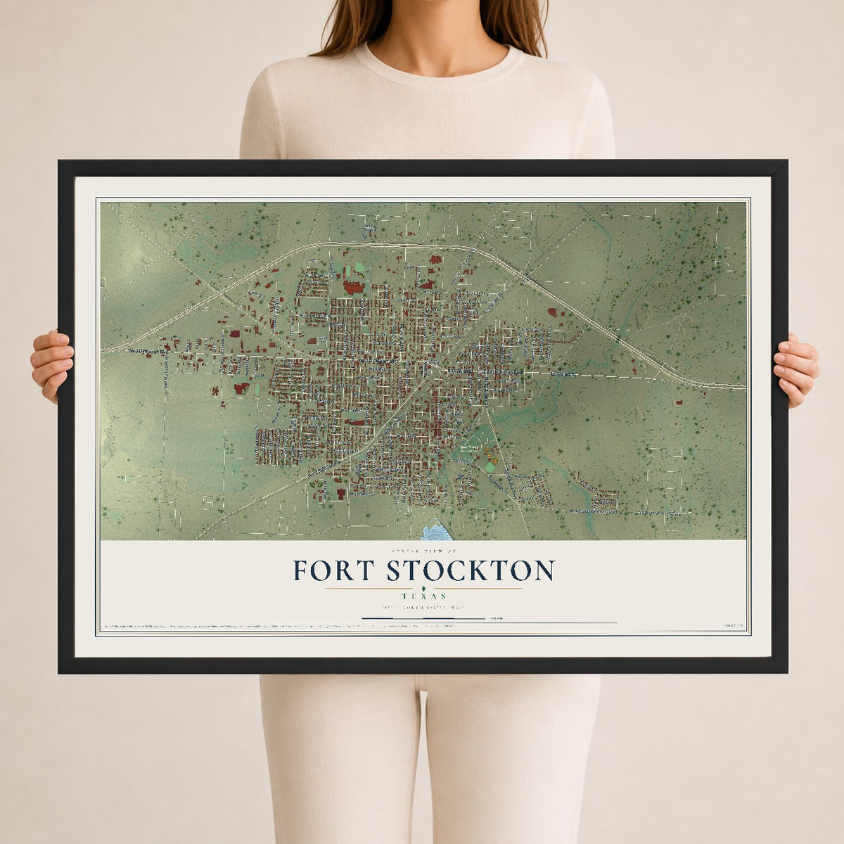 Map of Fort Stockton, Texas, 24 x 36 inch print in a black wood frame