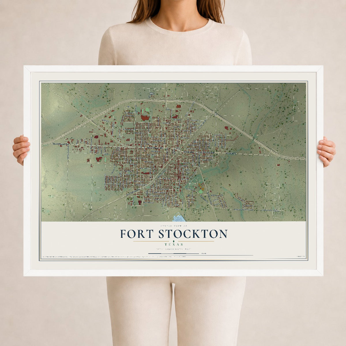 Map of Fort Stockton, Texas, 24 x 36 inch print in a white wood frame