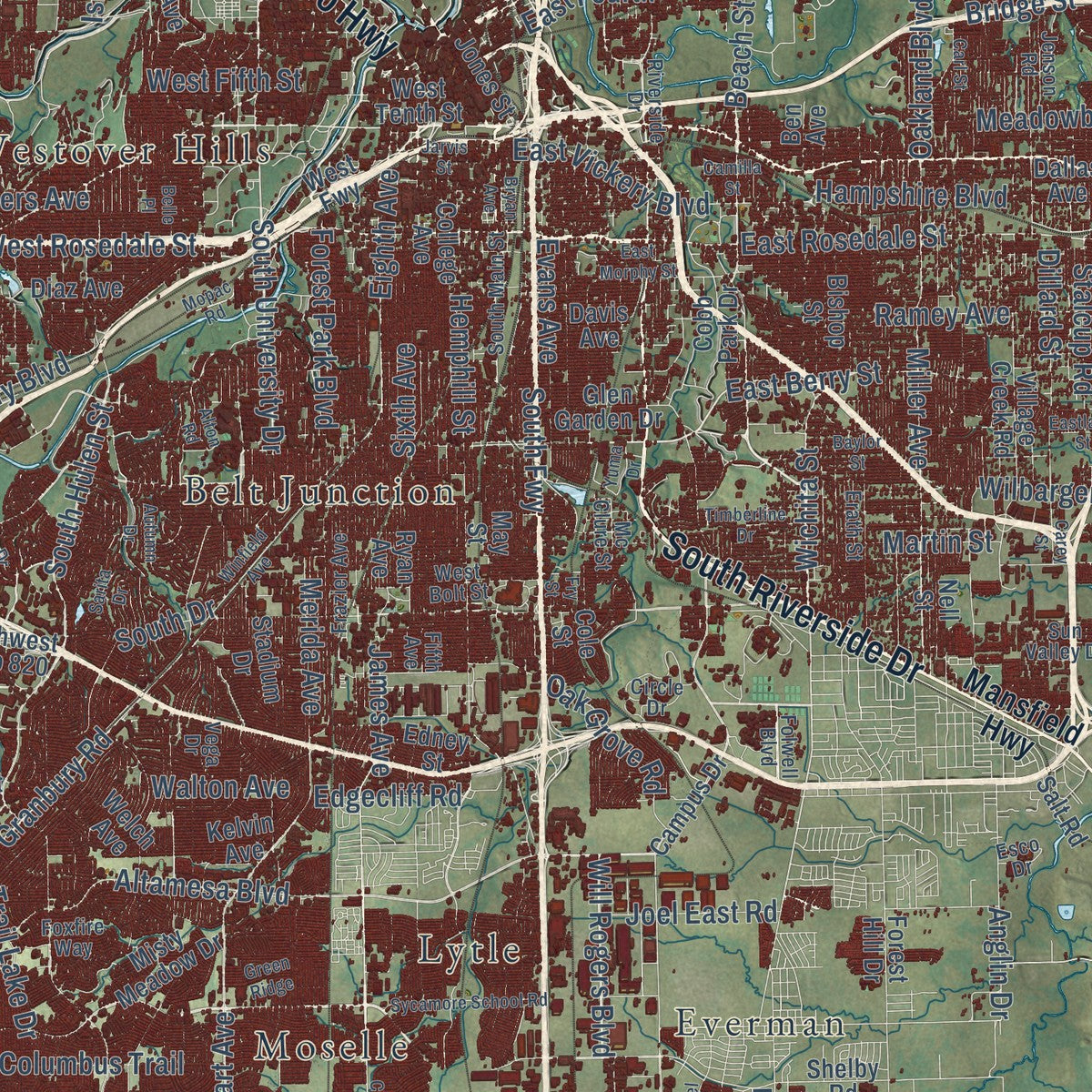 Close-up of the map of Fort Worth, Texas print showing street and building detail