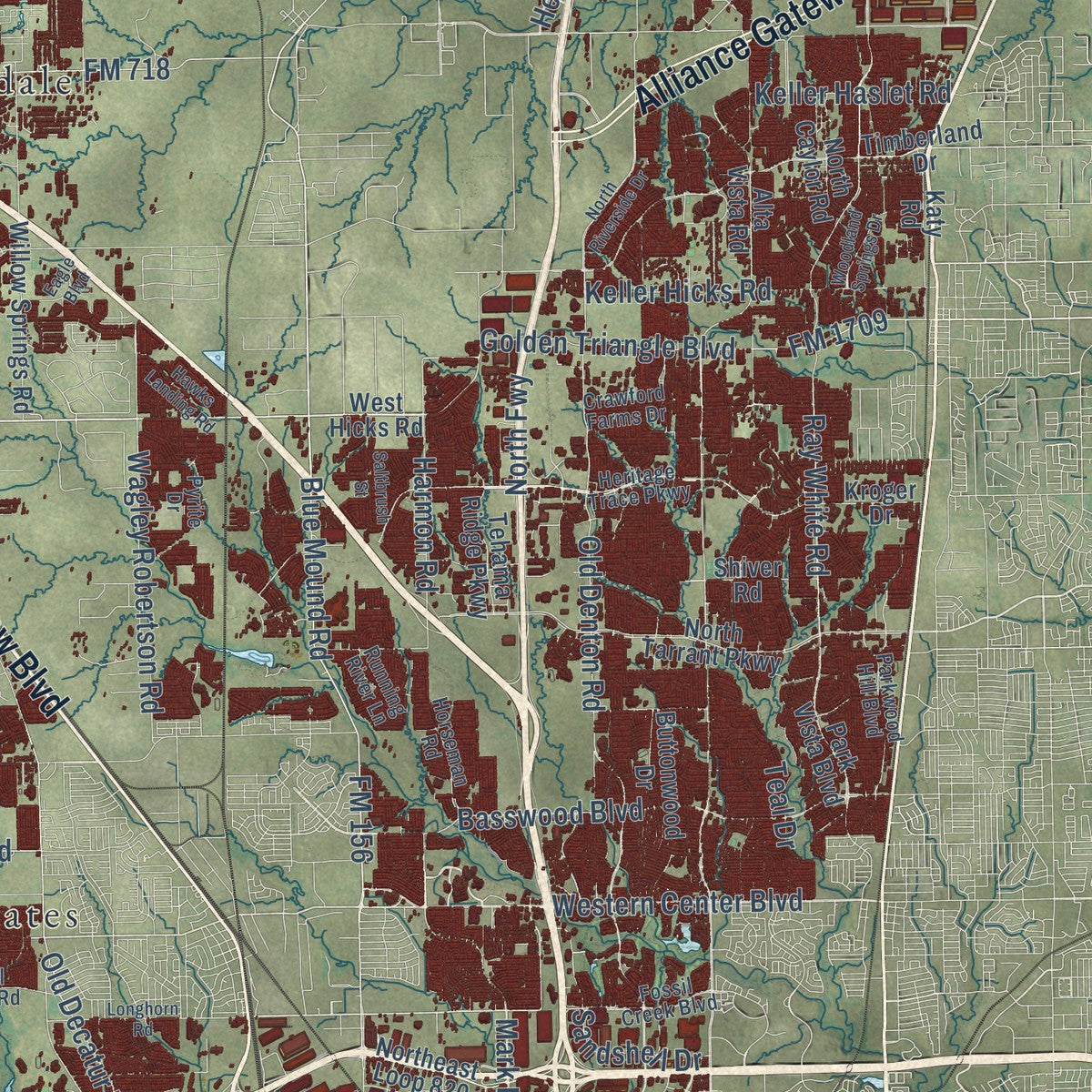 Second close-up of the map of Fort Worth, Texas print showing more streets and buildings