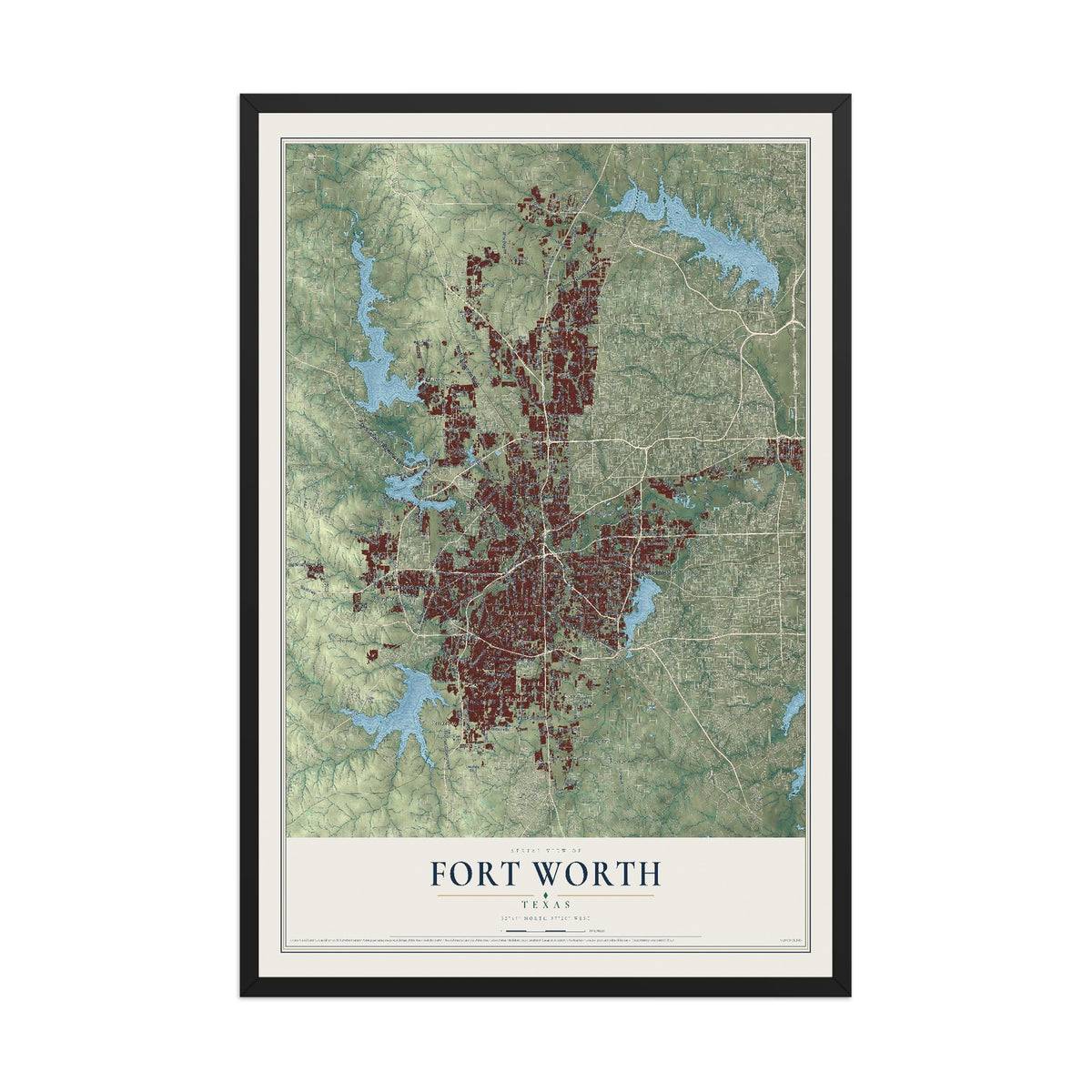 Map of Fort Worth, Texas, 12 x 18 inch print in a black wood frame