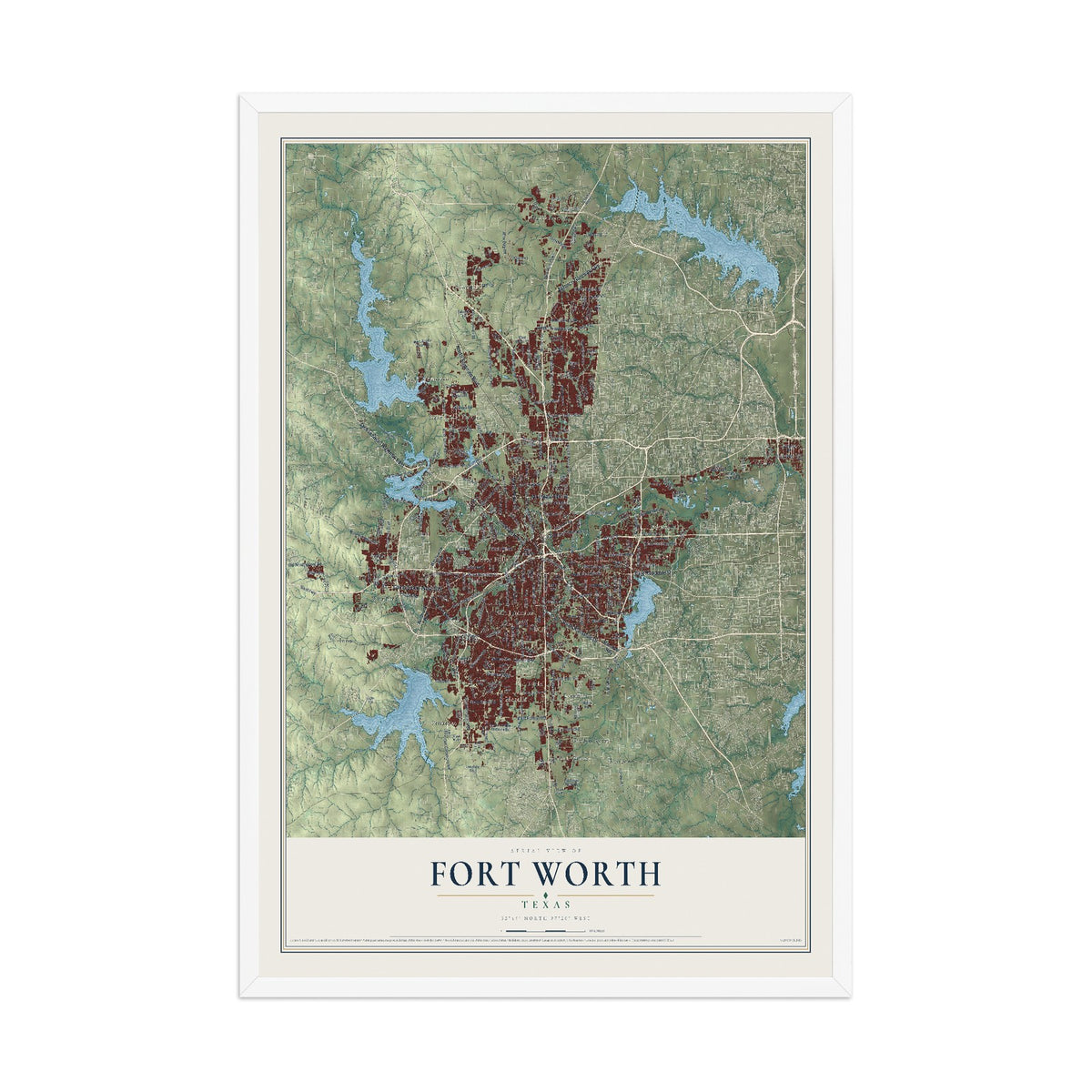 Map of Fort Worth, Texas, 12 x 18 inch print in a white wood frame