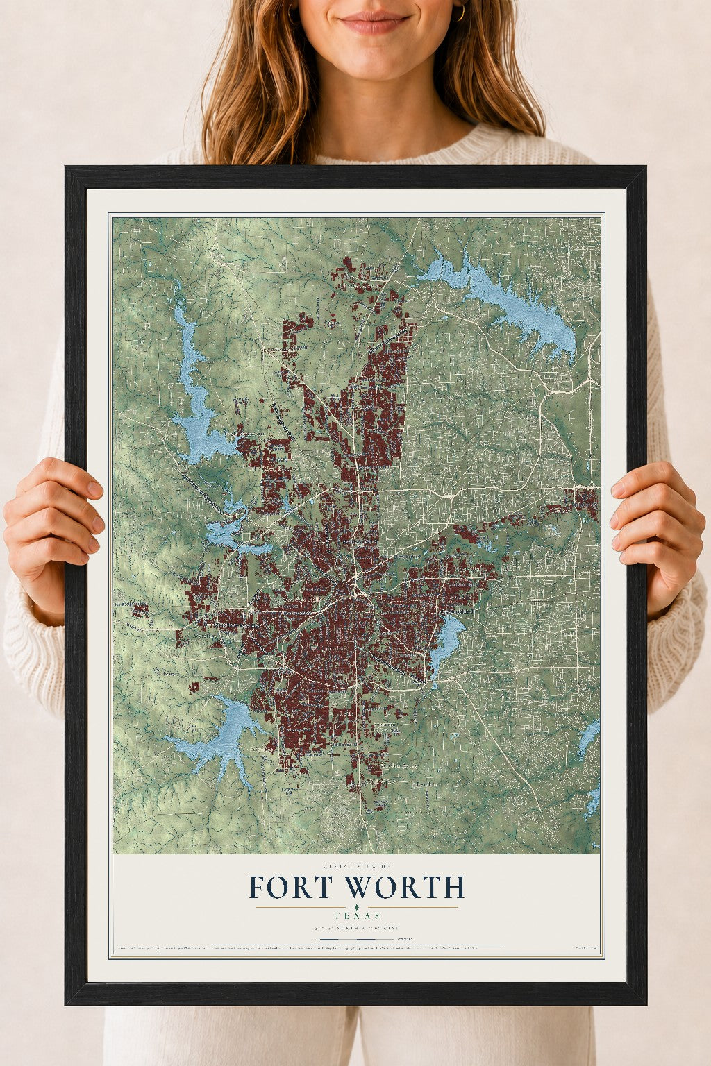 Map of Fort Worth, Texas, 18 x 24 inch print in a black wood frame