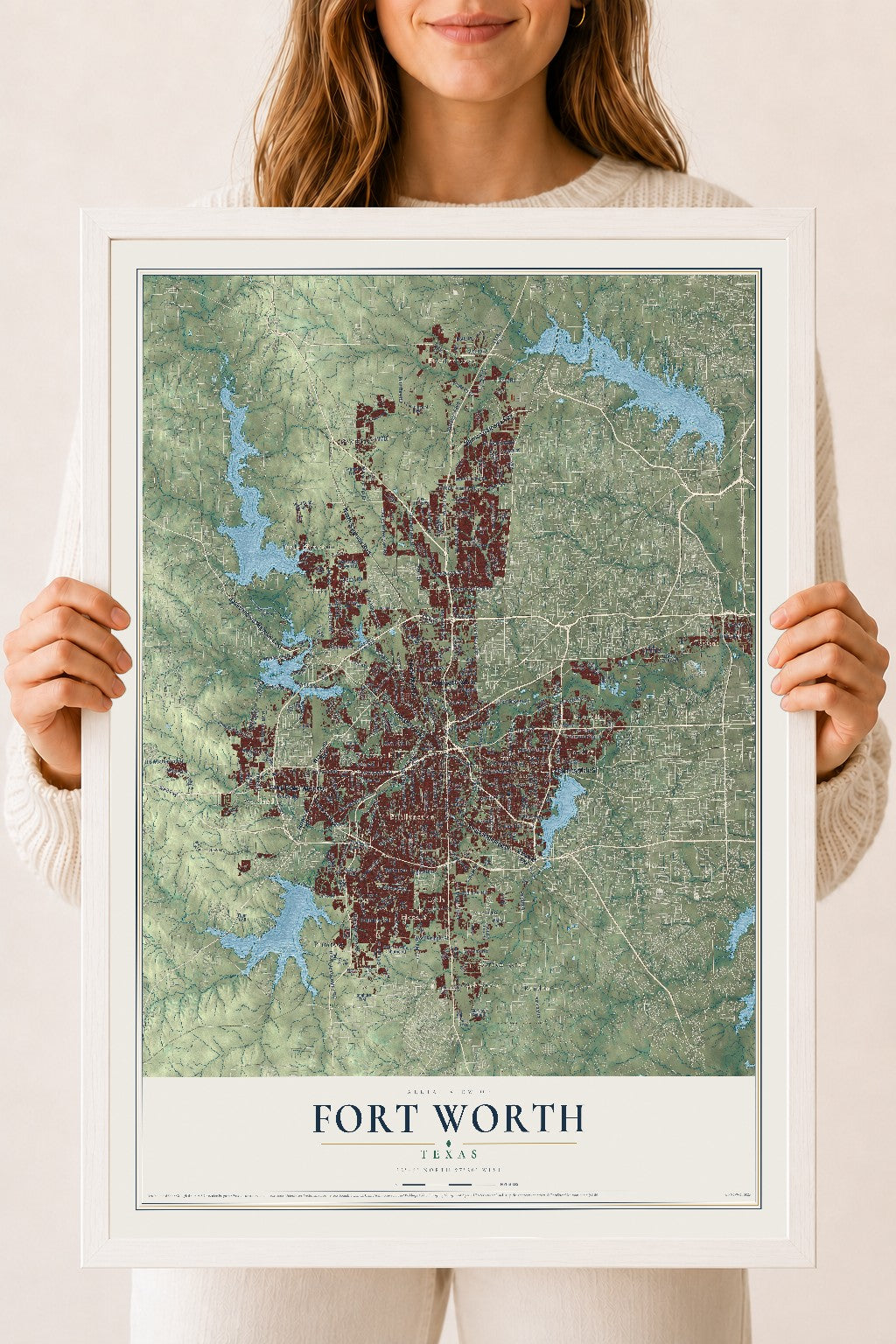 Map of Fort Worth, Texas, 18 x 24 inch print in a white wood frame
