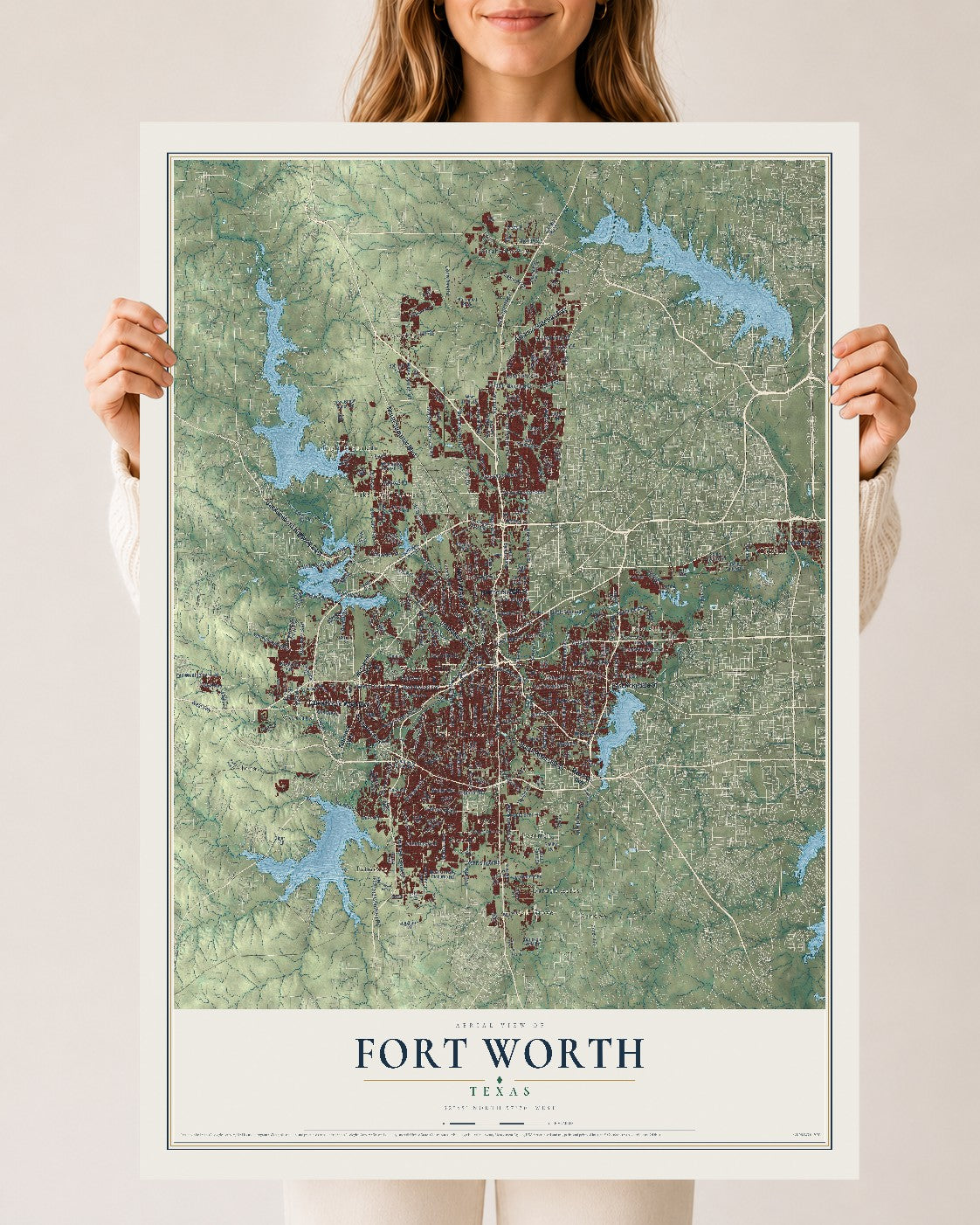 Map of Fort Worth, Texas, 24 x 36 inch unframed archival matte print