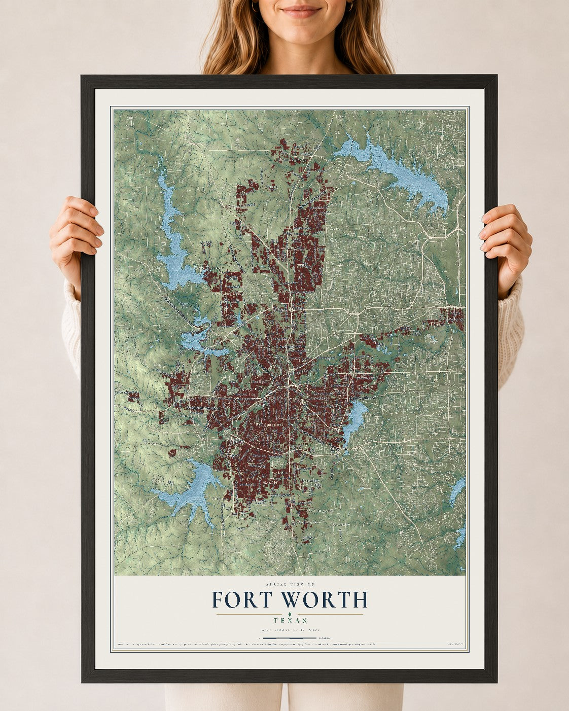 Map of Fort Worth, Texas, 24 x 36 inch print in a black wood frame