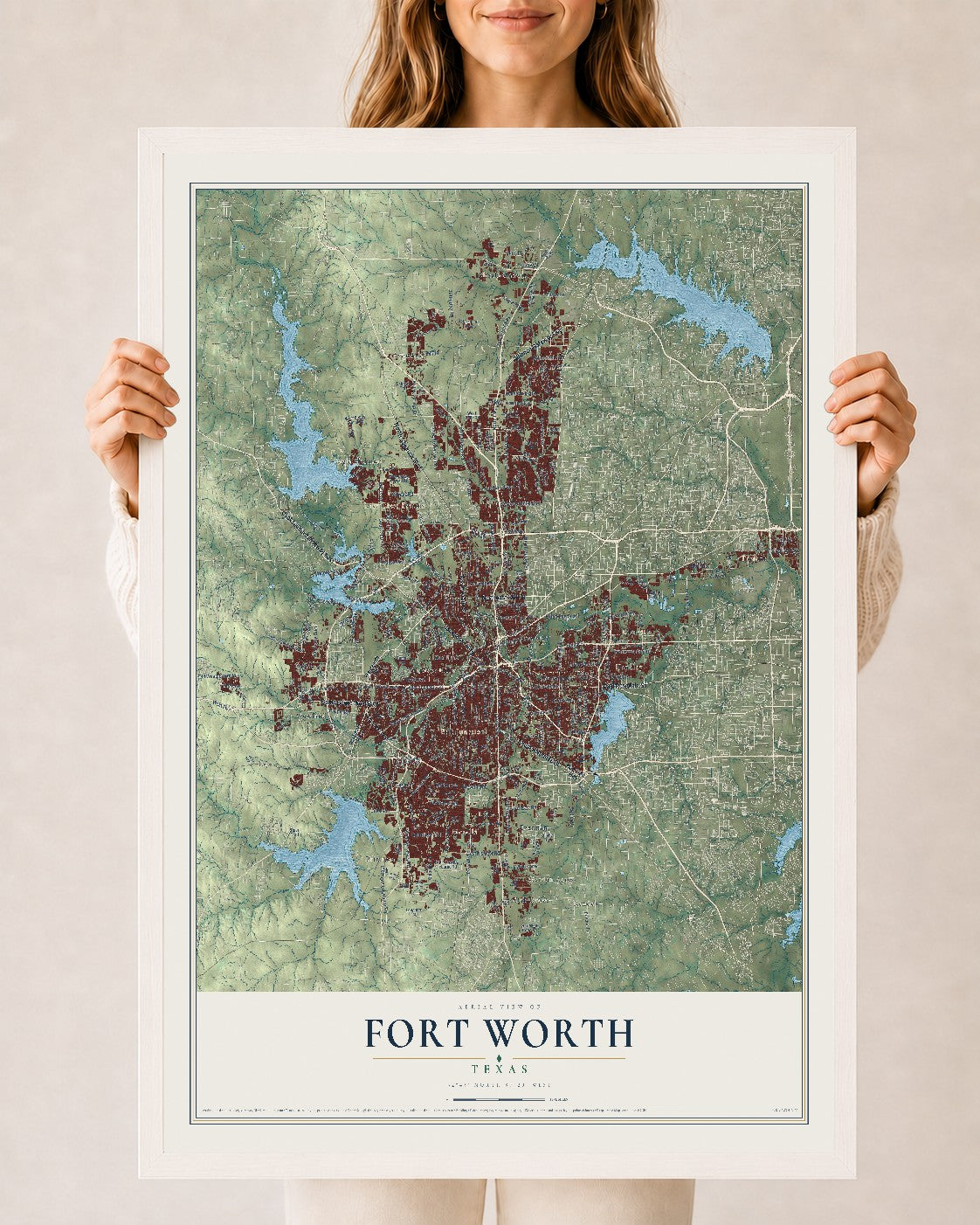 Map of Fort Worth, Texas, 24 x 36 inch print in a white wood frame