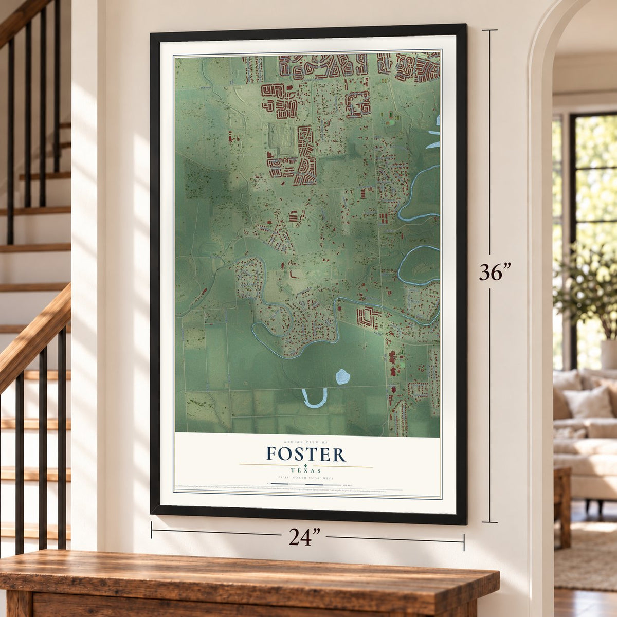 Foster, Texas map, 24 x 36 inch print in a black frame by a staircase