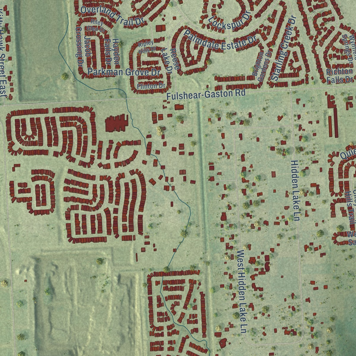Close-up of the map of Foster, Texas print showing street and building detail