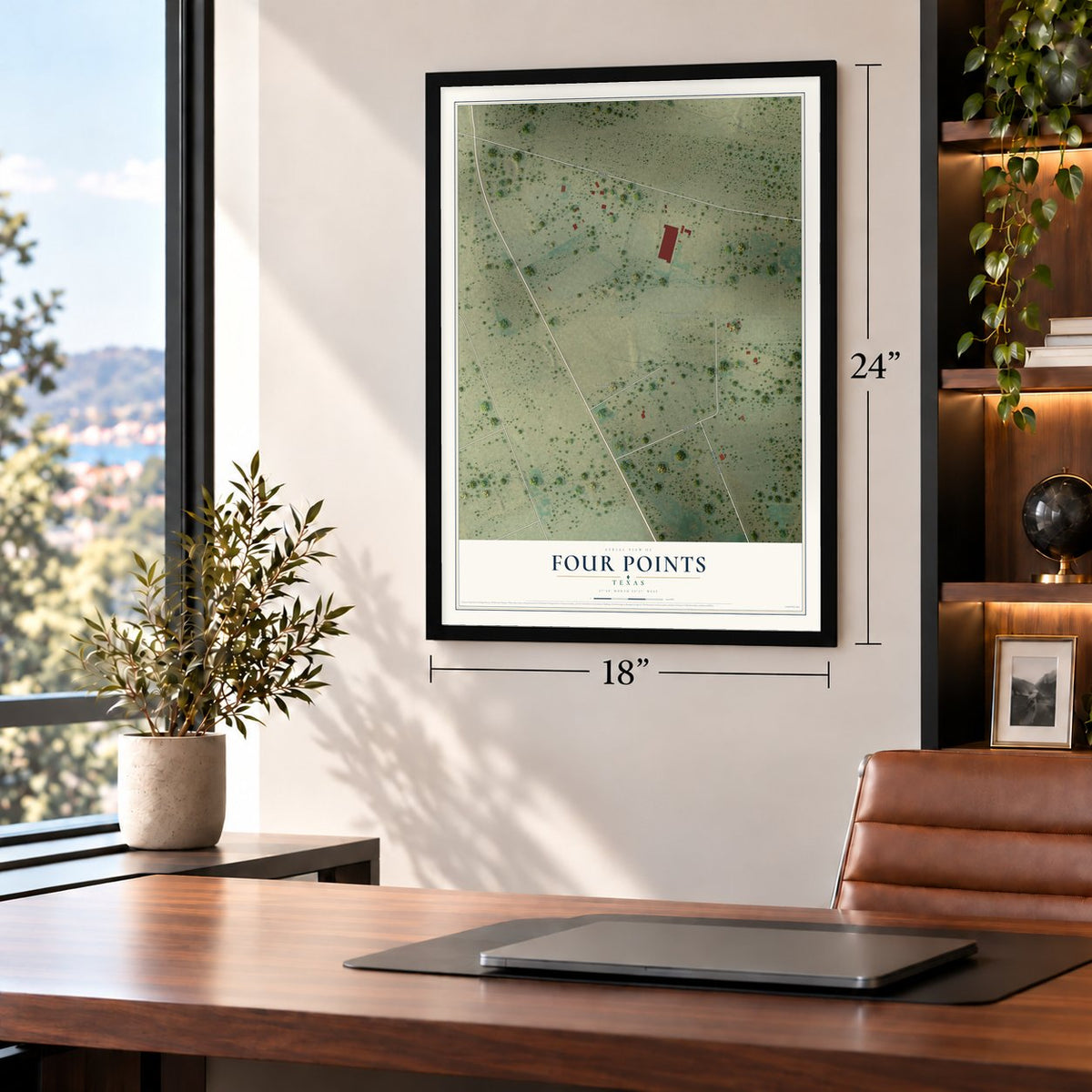 Four Points, Texas map, 18 x 24 inch print in a black frame in a home office