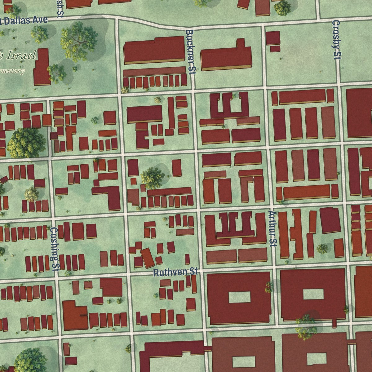 Close-up of the map of Fourth Ward, Texas print showing street and building detail