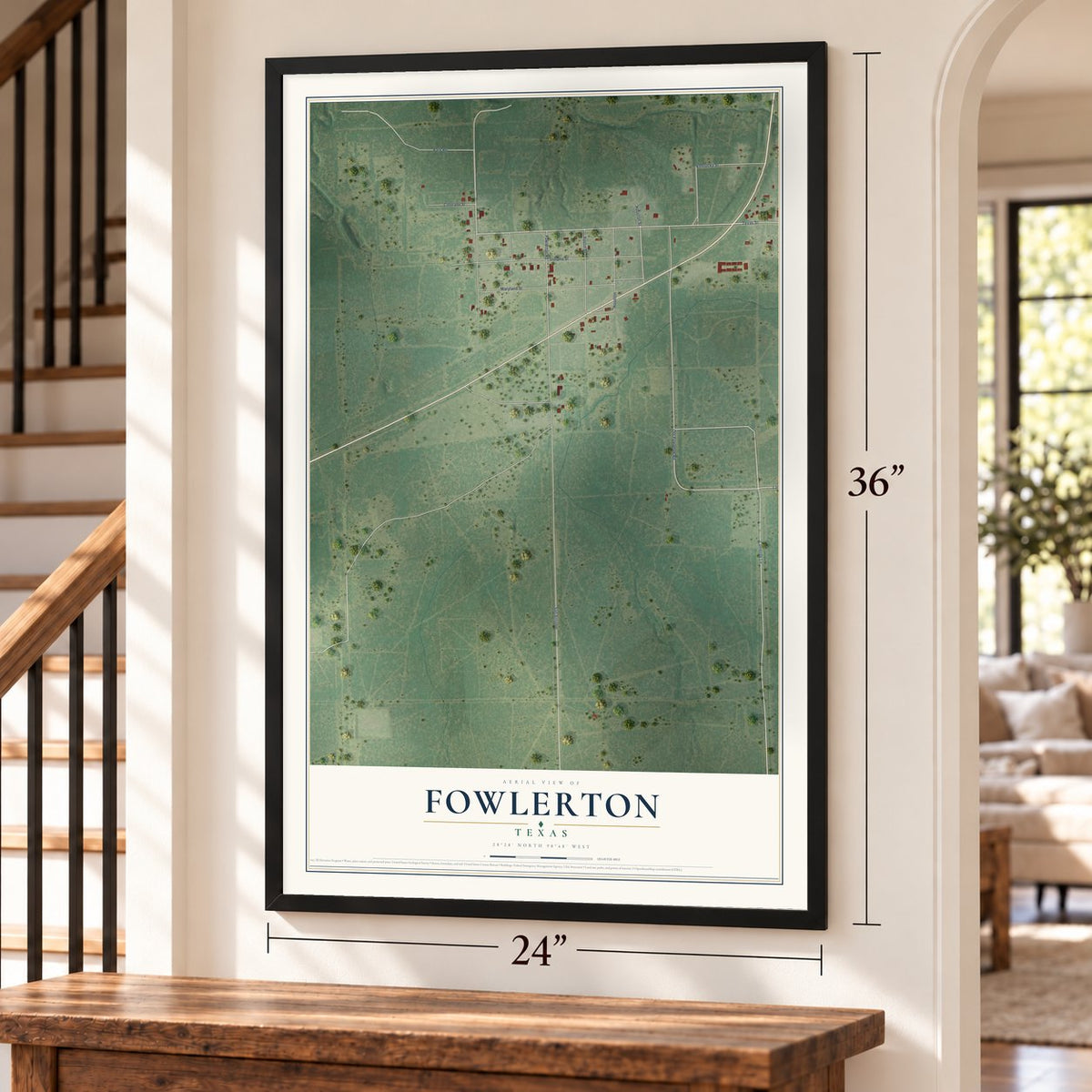Fowlerton, Texas map, 24 x 36 inch print in a black frame by a staircase