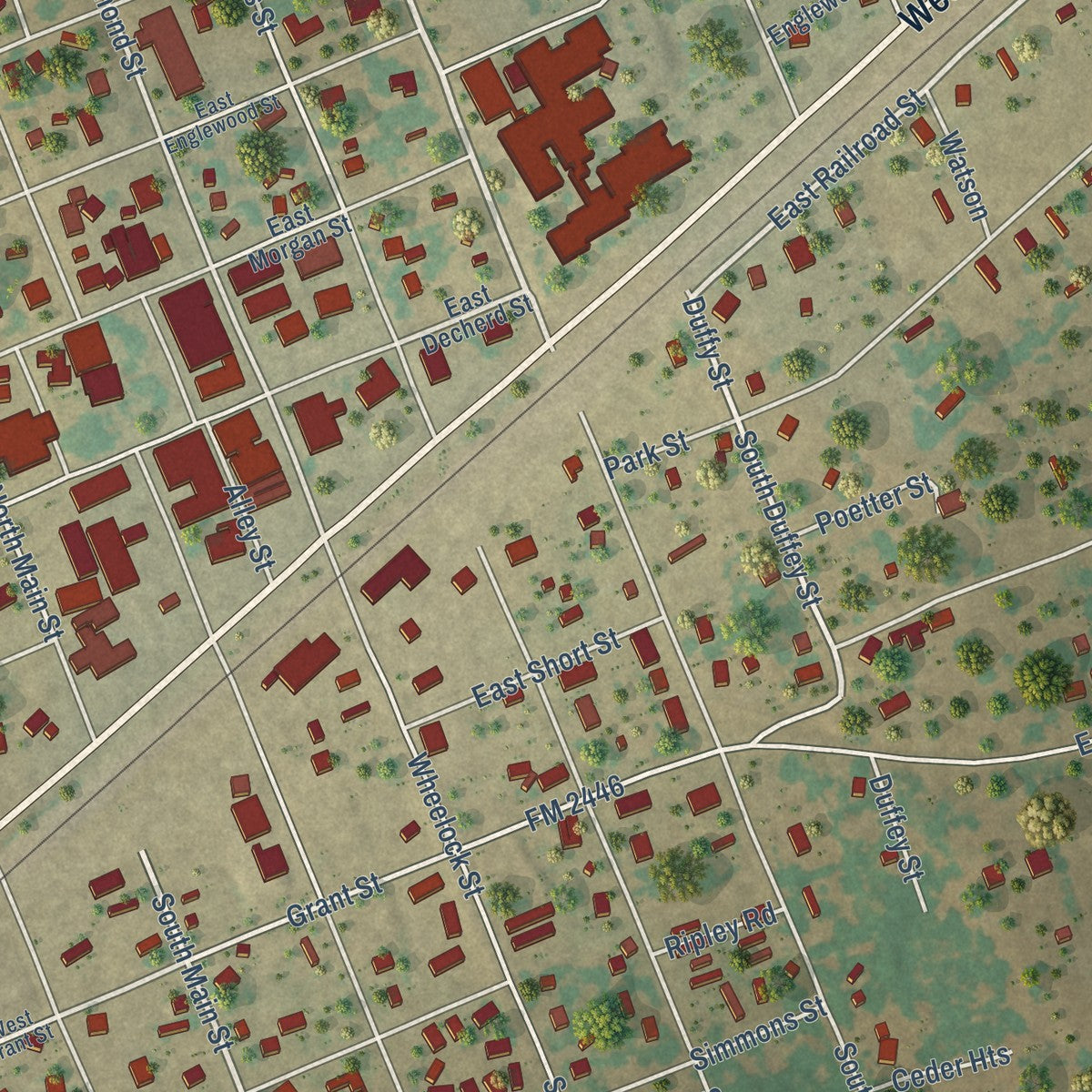 Close-up of the map of Franklin, Texas print showing street and building detail