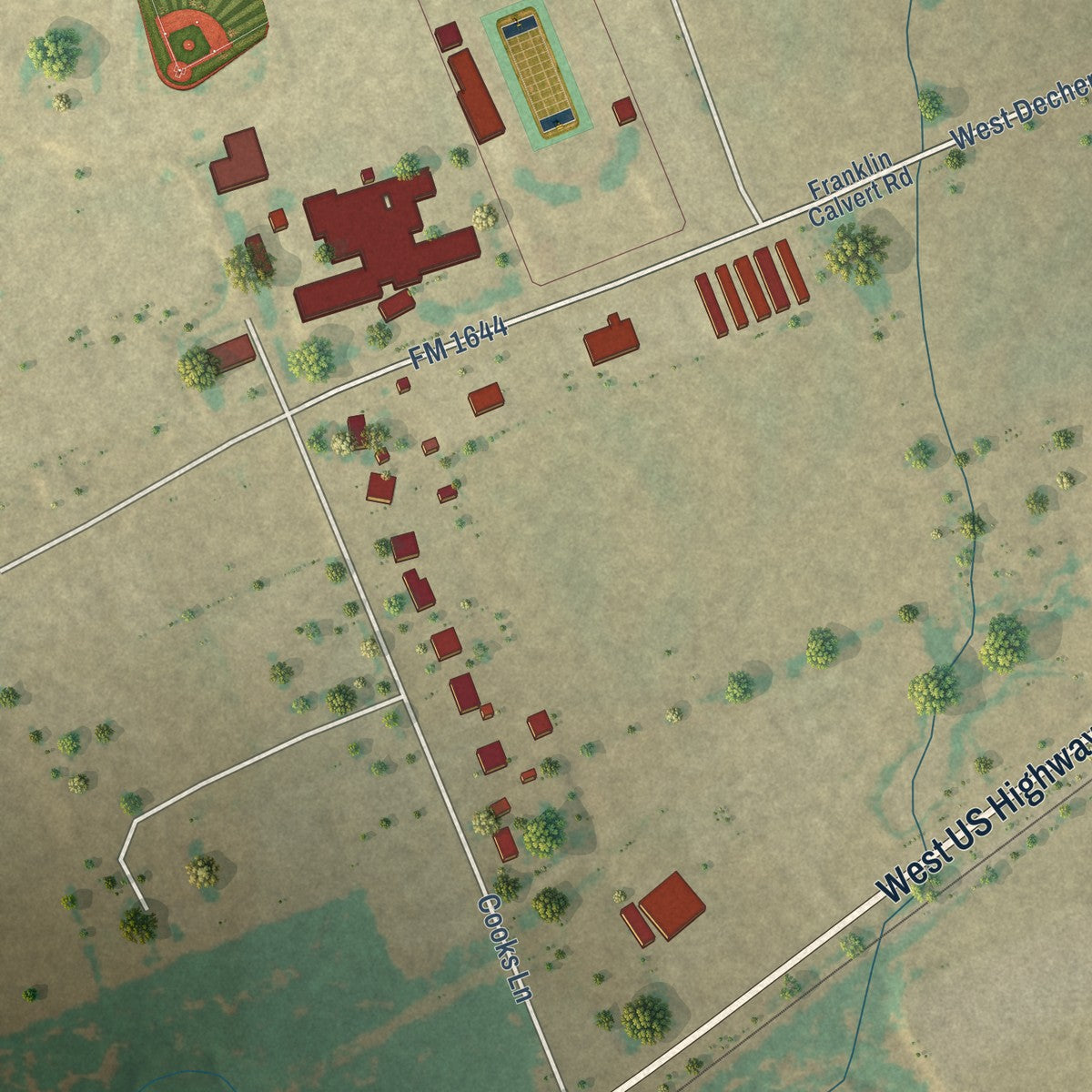 Second close-up of the map of Franklin, Texas print showing more streets and buildings