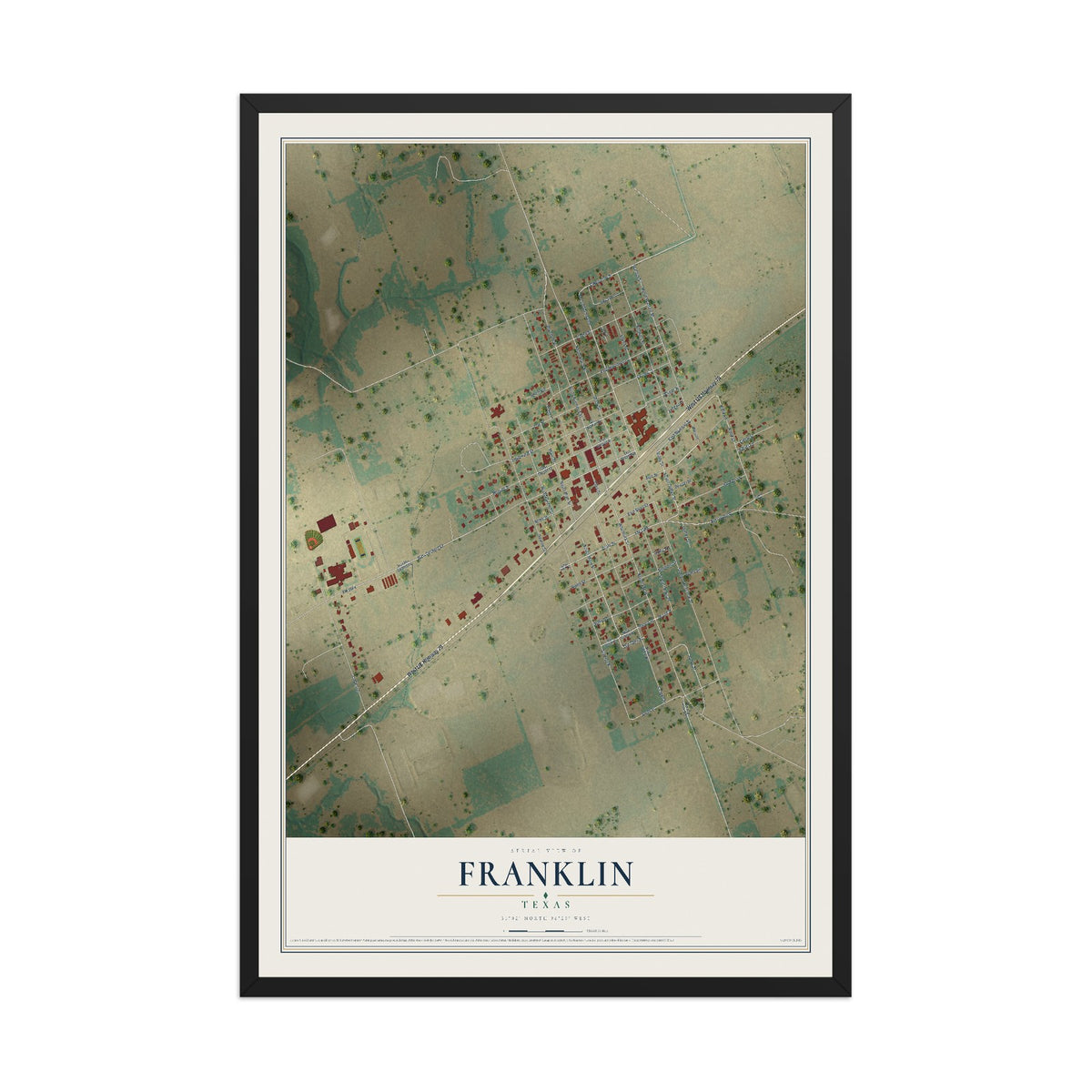 Map of Franklin, Texas, 12 x 18 inch print in a black wood frame