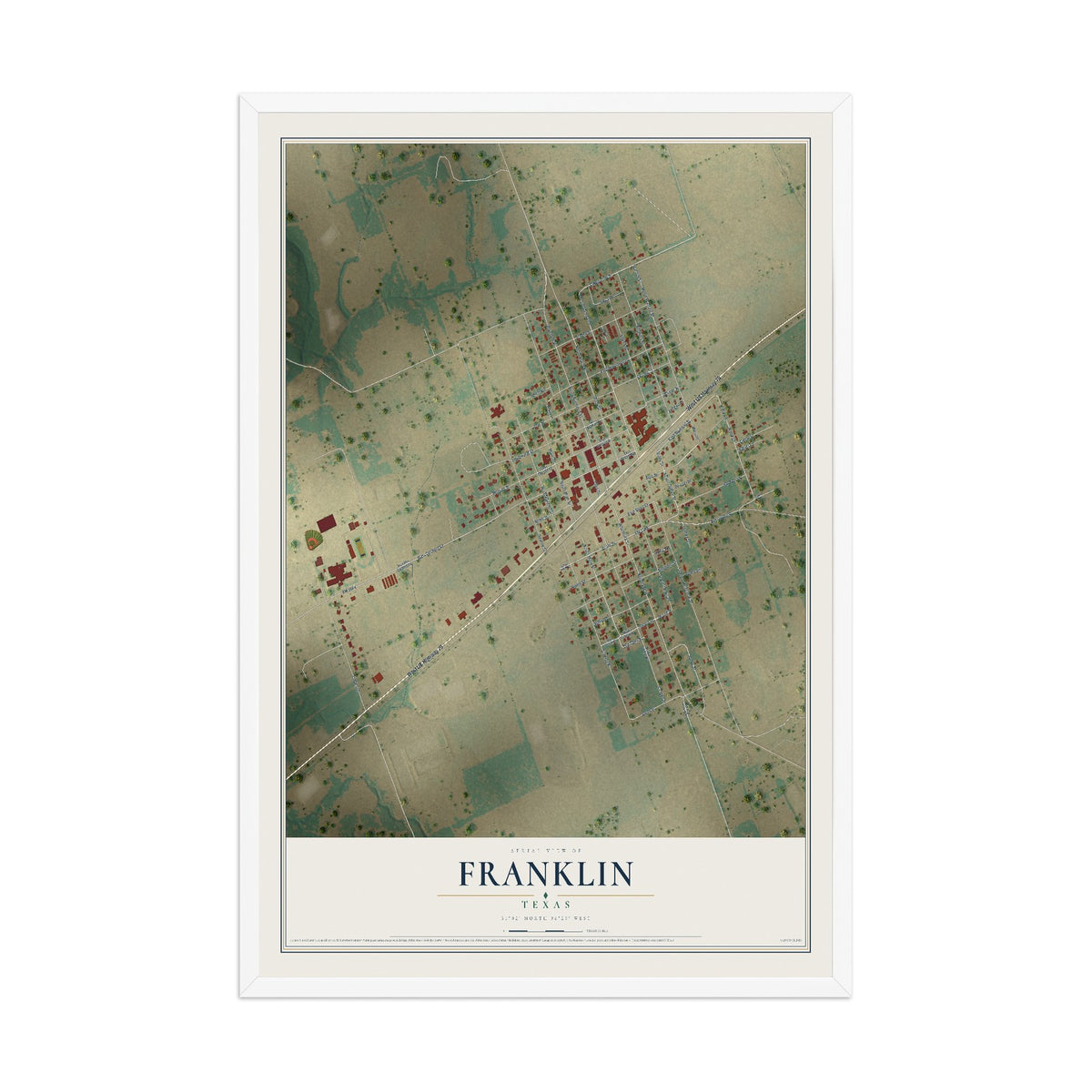 Map of Franklin, Texas, 12 x 18 inch print in a white wood frame