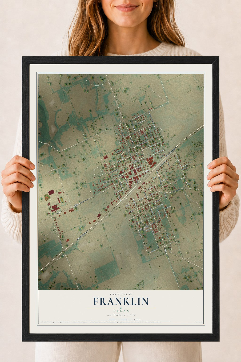 Map of Franklin, Texas, 18 x 24 inch print in a black wood frame