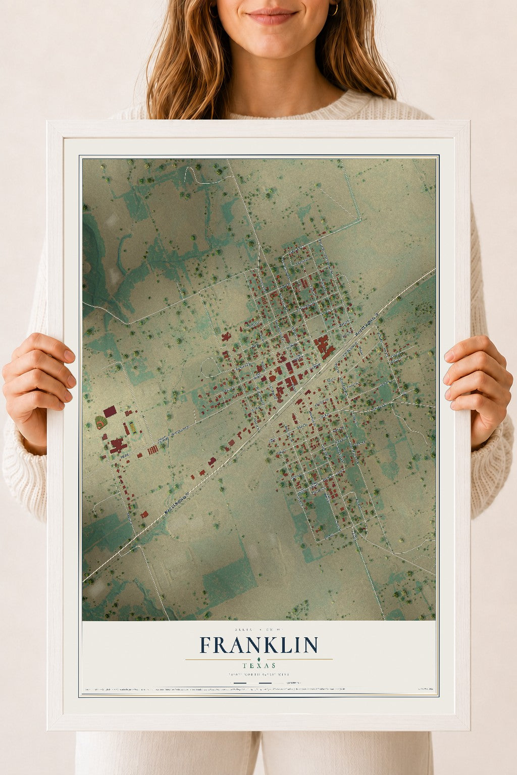 Map of Franklin, Texas, 18 x 24 inch print in a white wood frame