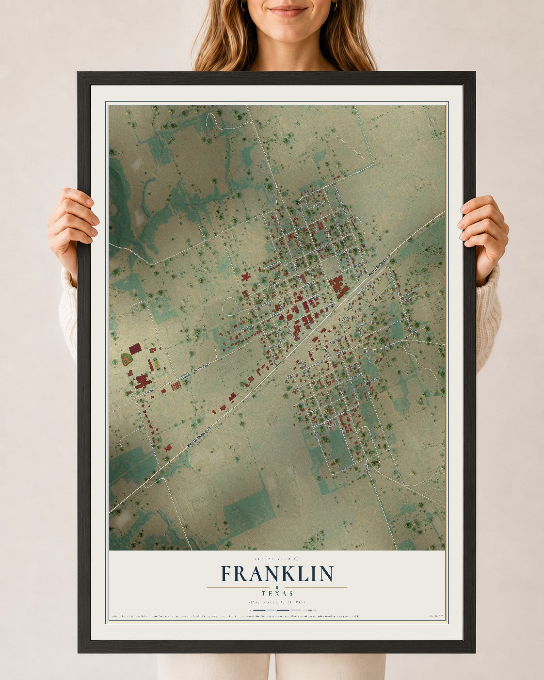 Map of Franklin, Texas, 24 x 36 inch print in a black wood frame