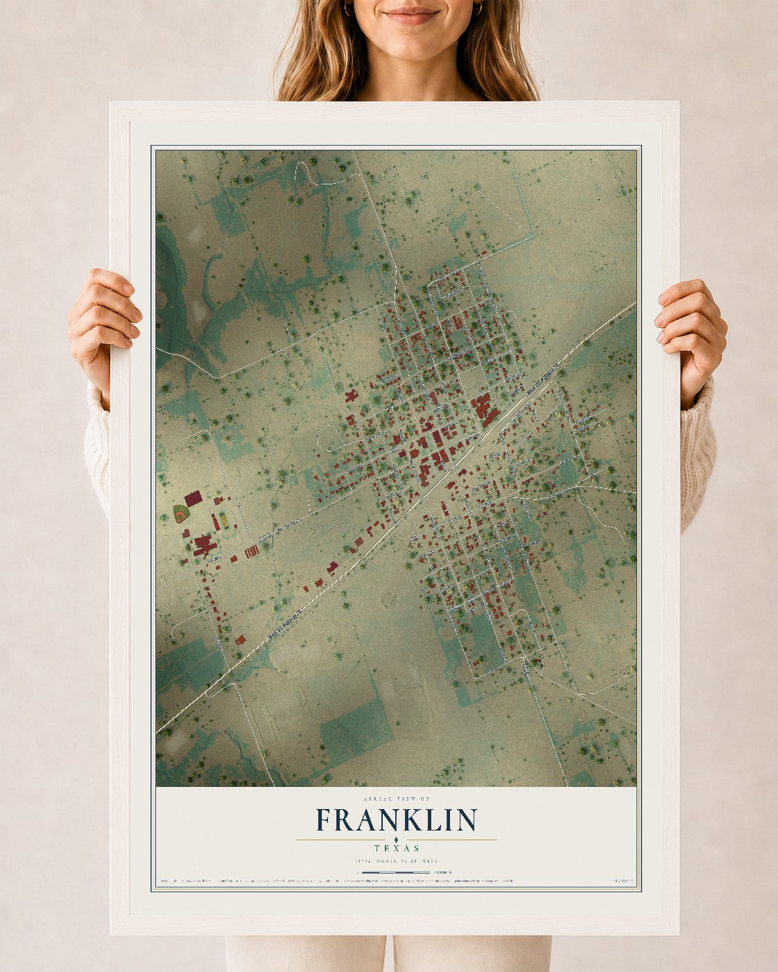 Map of Franklin, Texas, 24 x 36 inch print in a white wood frame