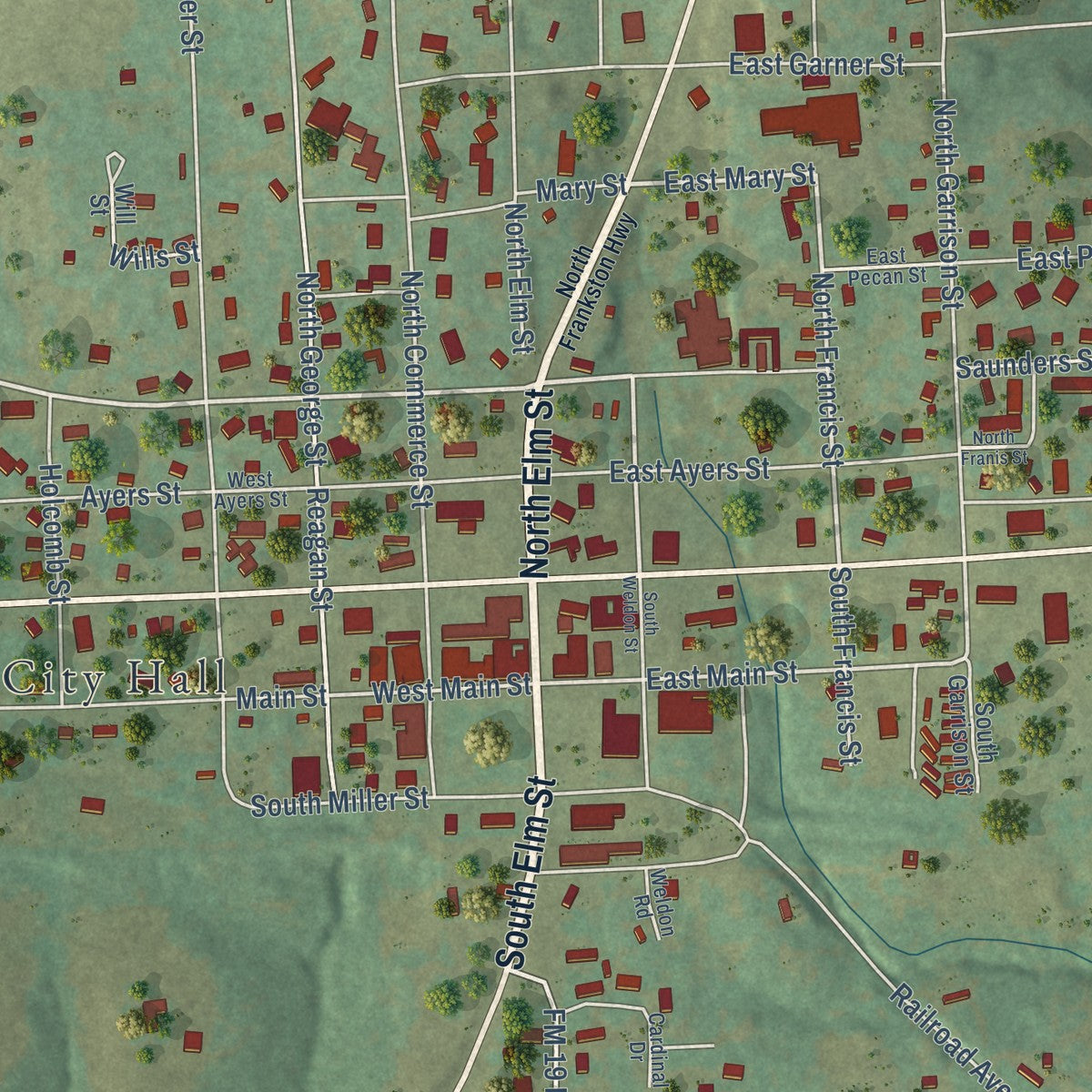 Close-up of the map of Frankston, Texas print showing street and building detail