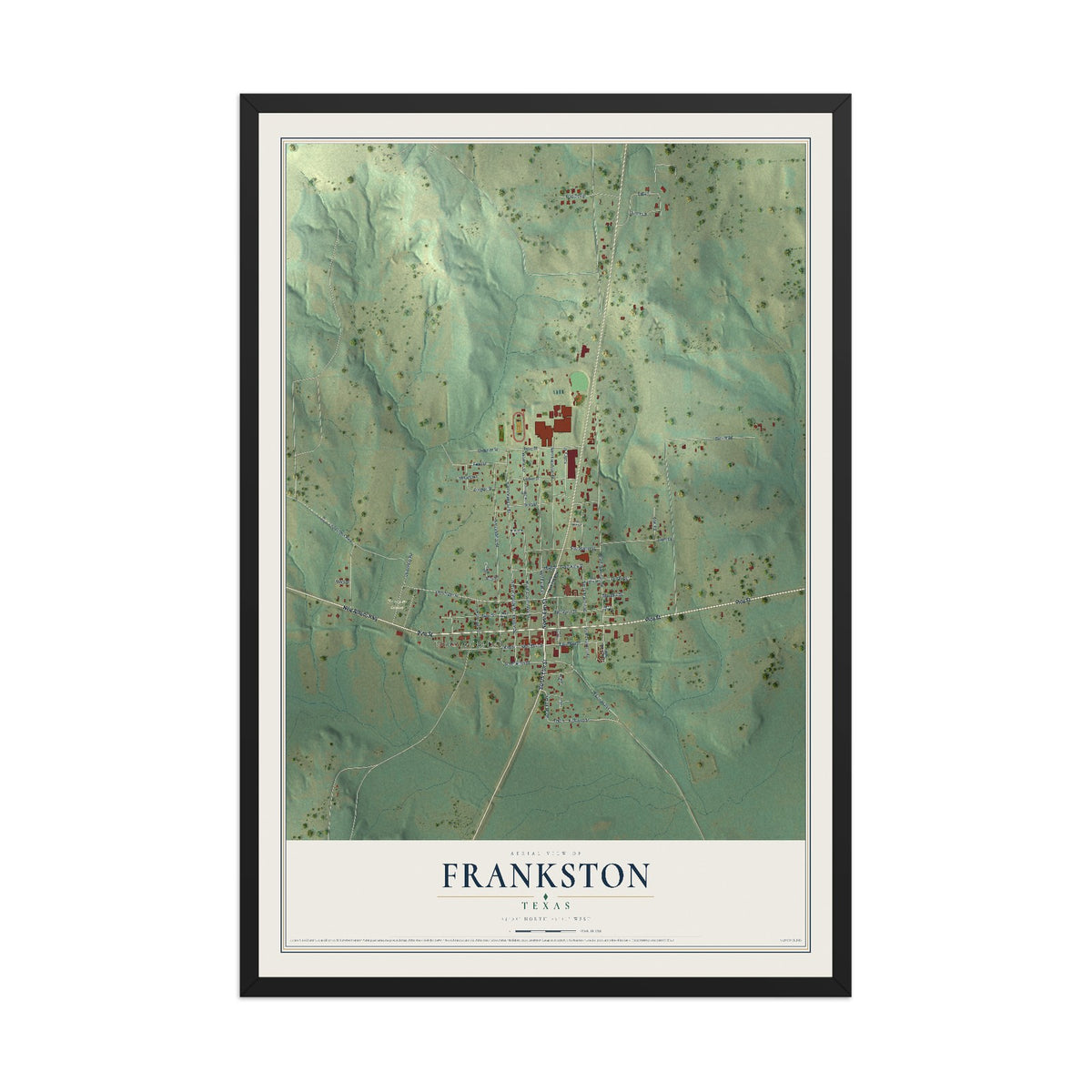 Map of Frankston, Texas, 12 x 18 inch print in a black wood frame