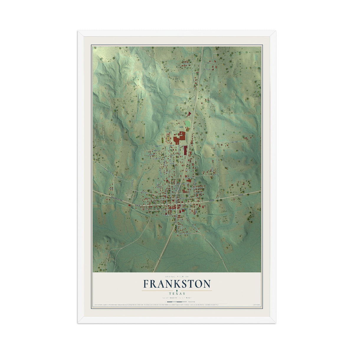 Map of Frankston, Texas, 12 x 18 inch print in a white wood frame