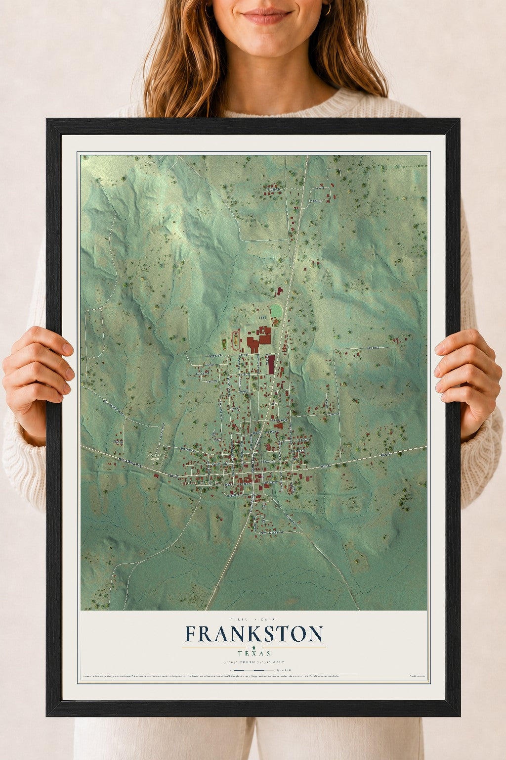 Map of Frankston, Texas, 18 x 24 inch print in a black wood frame