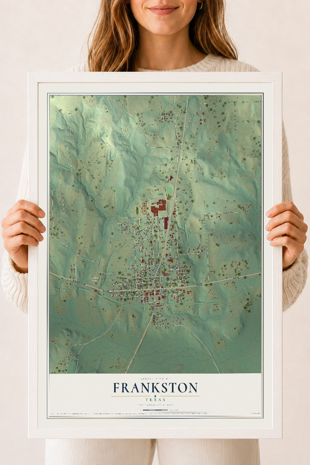 Map of Frankston, Texas, 18 x 24 inch print in a white wood frame