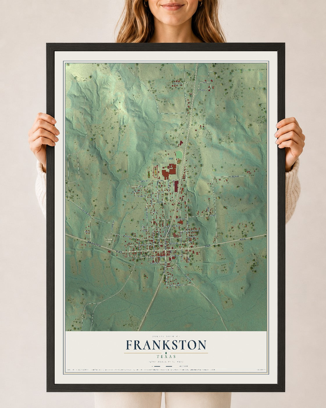 Map of Frankston, Texas, 24 x 36 inch print in a black wood frame