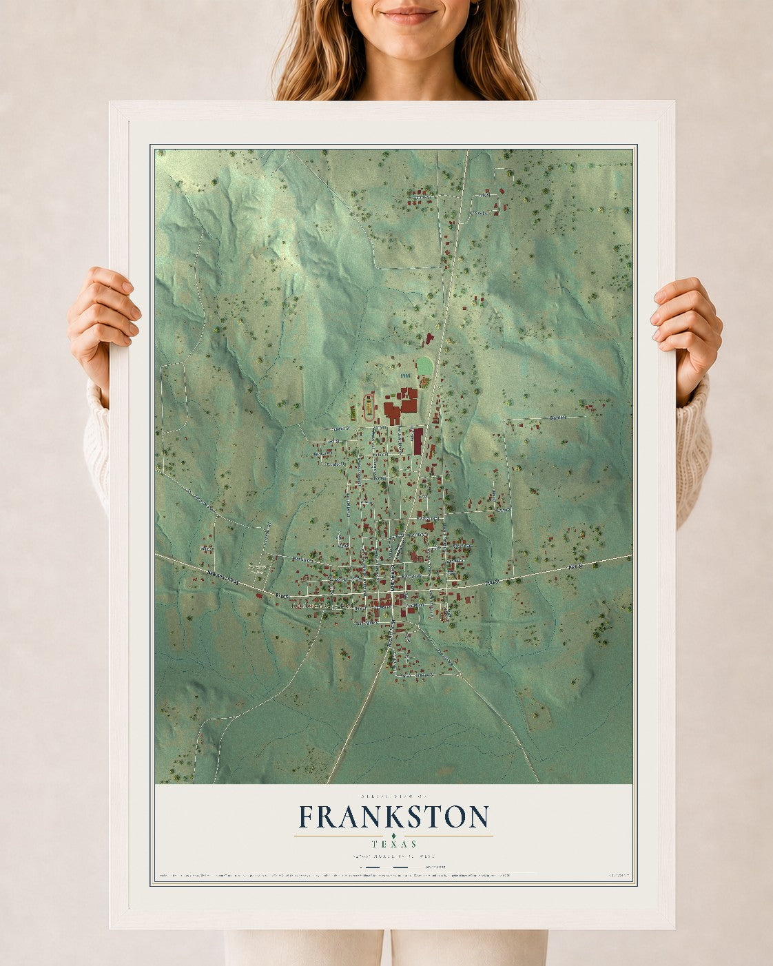Map of Frankston, Texas, 24 x 36 inch print in a white wood frame