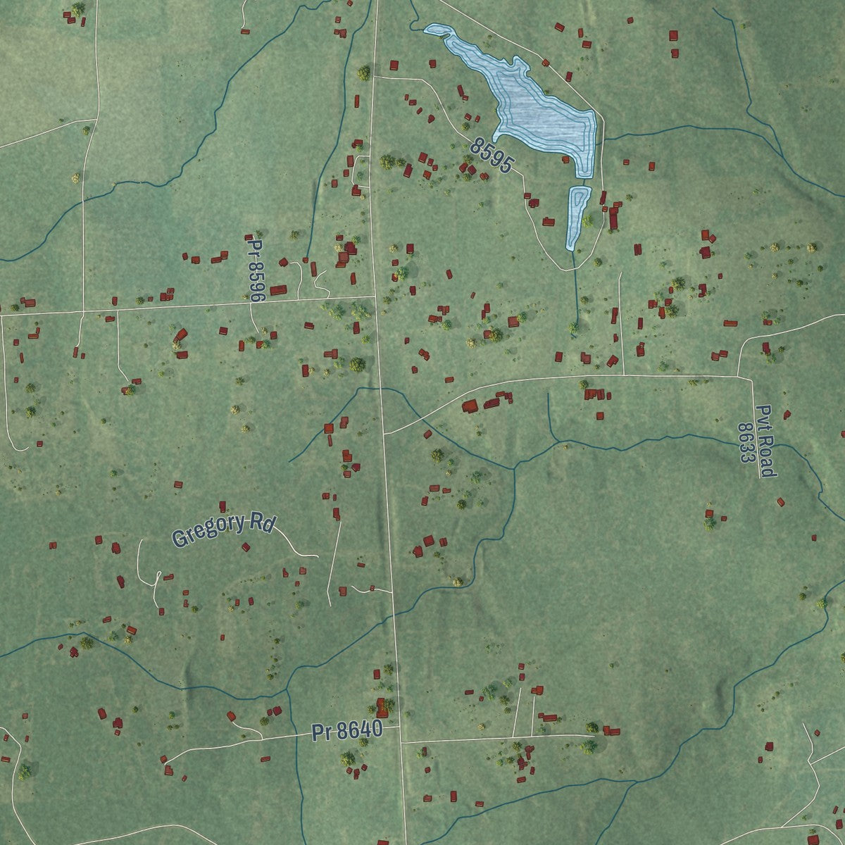 Close-up of the map of Fred, Texas print showing street and building detail