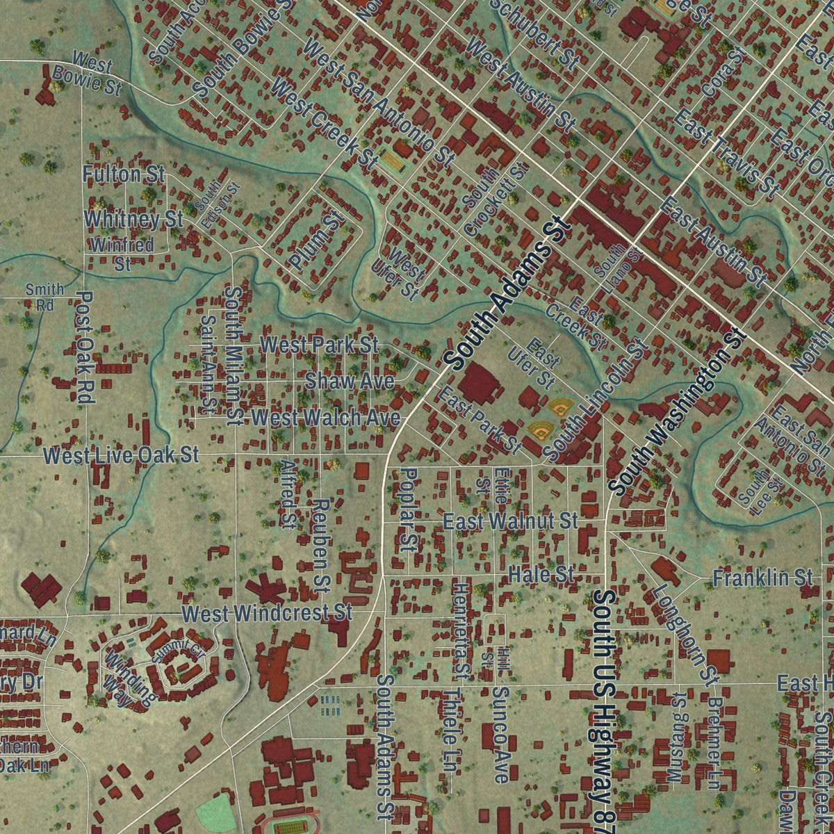 Close-up of the map of Fredericksburg, Texas print showing street and building detail