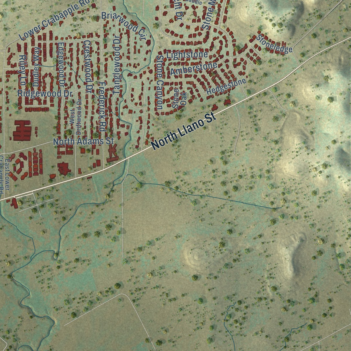 Second close-up of the map of Fredericksburg, Texas print showing more streets and buildings