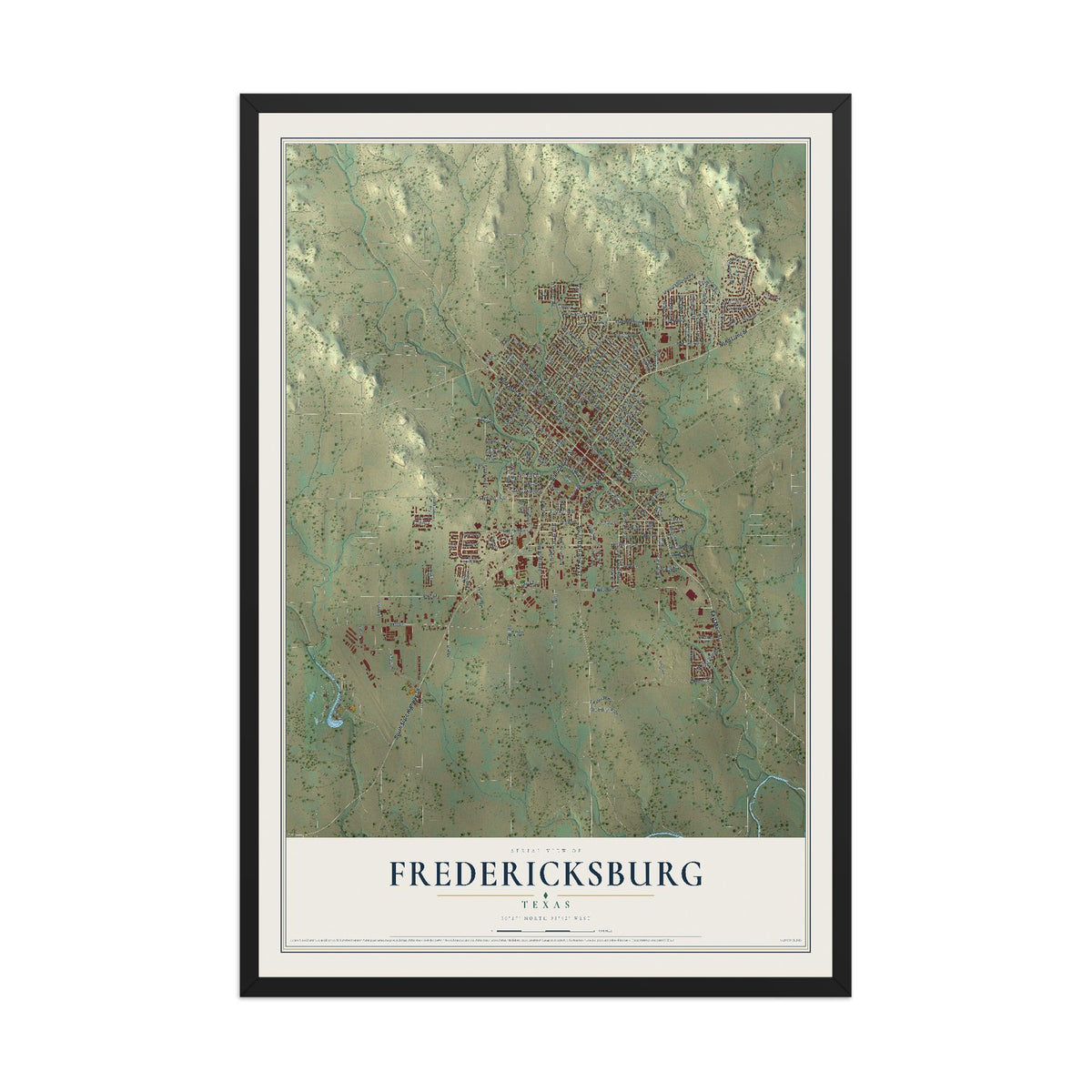 Map of Fredericksburg, Texas, 12 x 18 inch print in a black wood frame