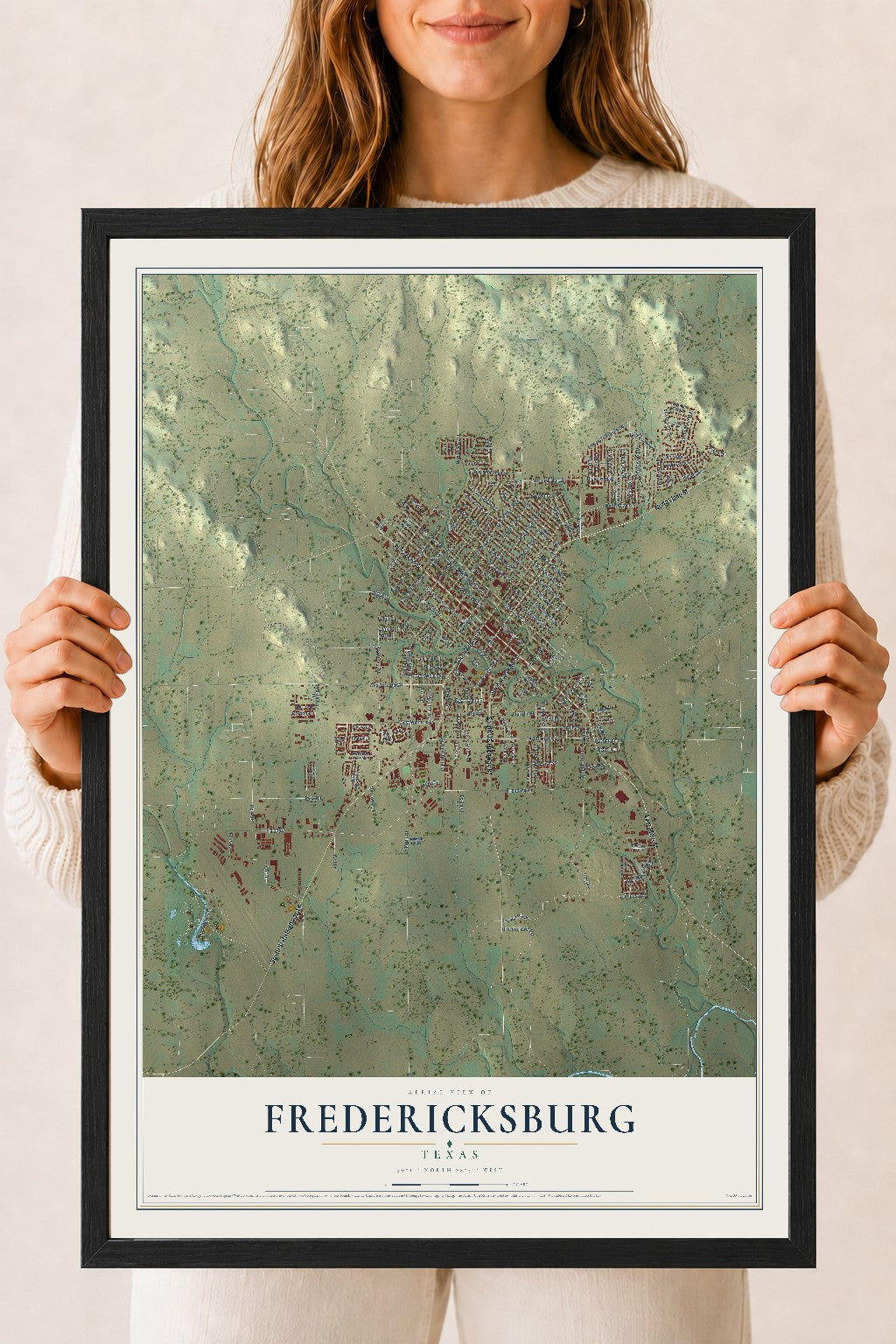Map of Fredericksburg, Texas, 18 x 24 inch print in a black wood frame