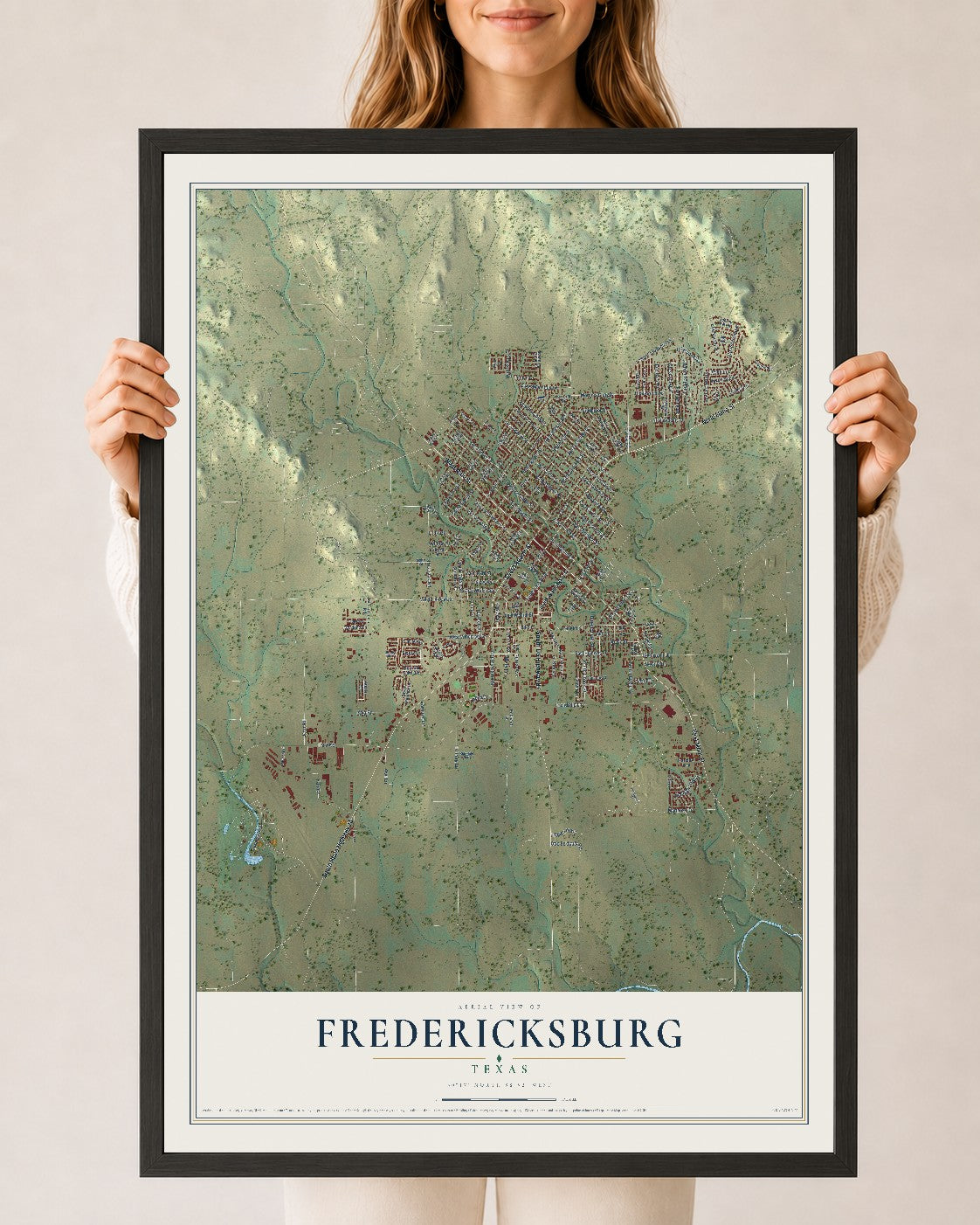 Map of Fredericksburg, Texas, 24 x 36 inch print in a black wood frame