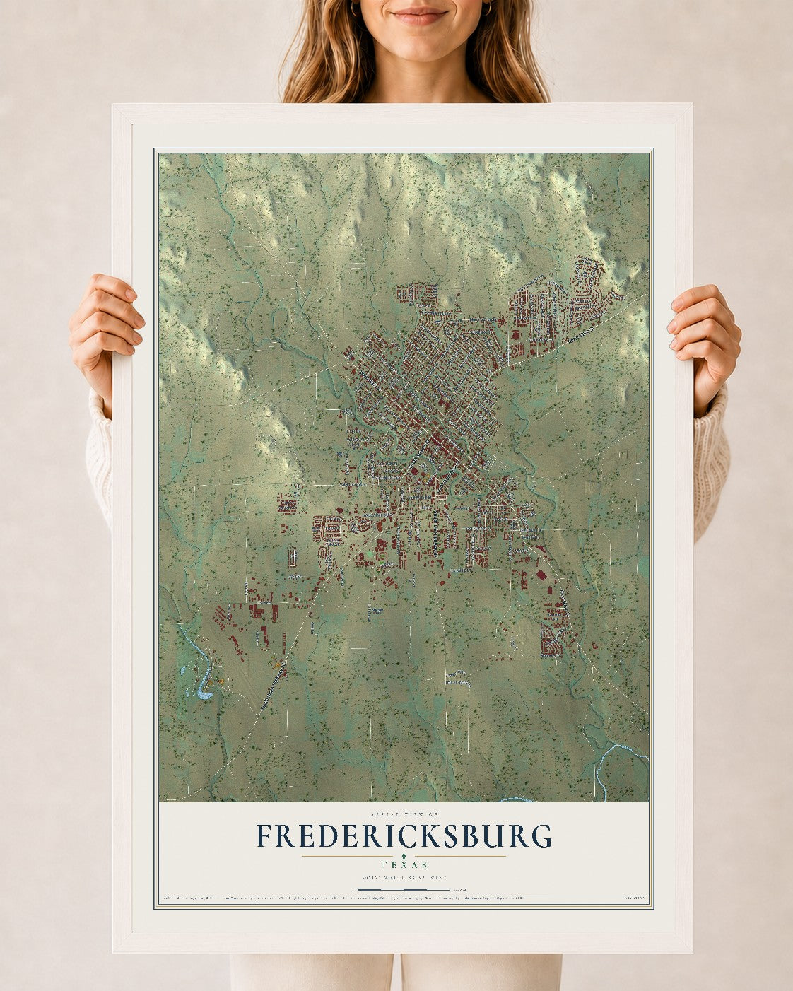 Map of Fredericksburg, Texas, 24 x 36 inch print in a white wood frame