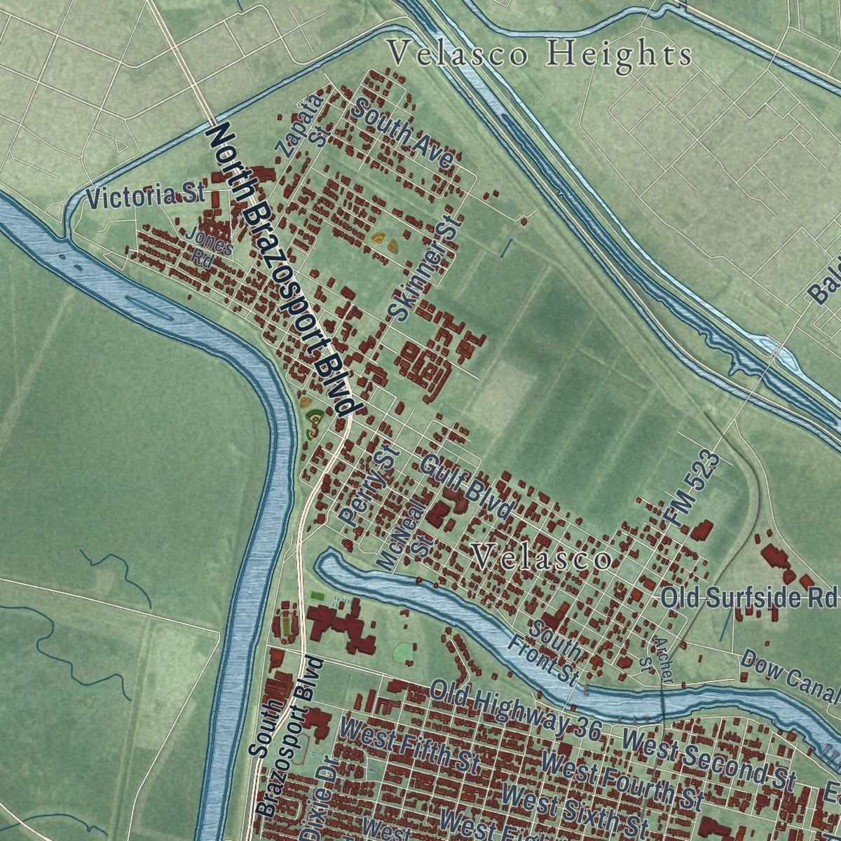 Close-up of the map of Freeport, Texas print showing street and building detail
