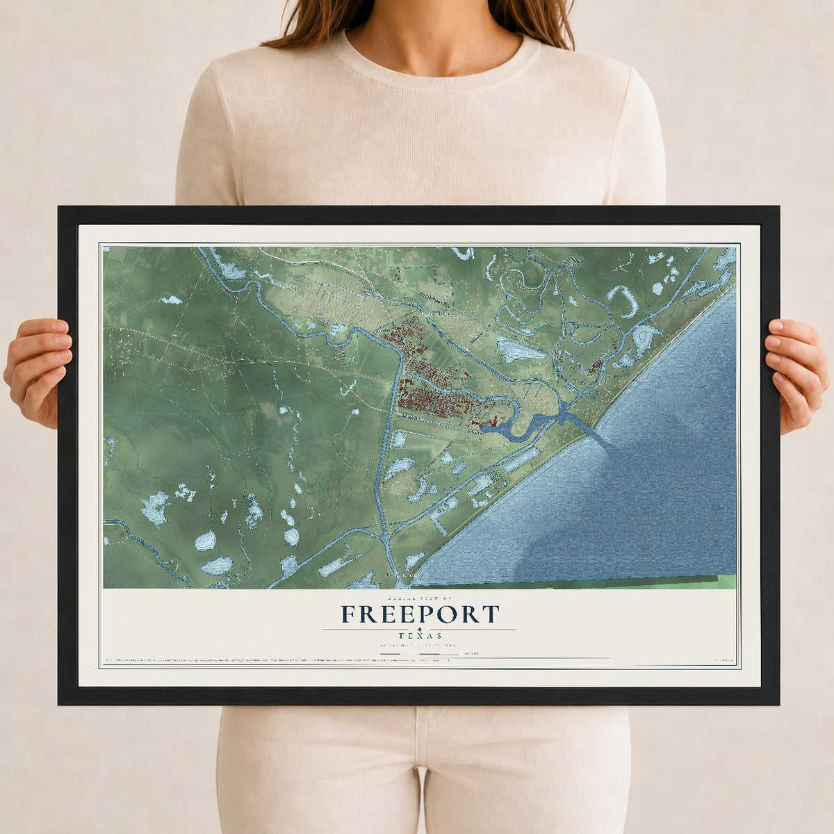 Map of Freeport, Texas, 12 x 18 inch print in a black wood frame